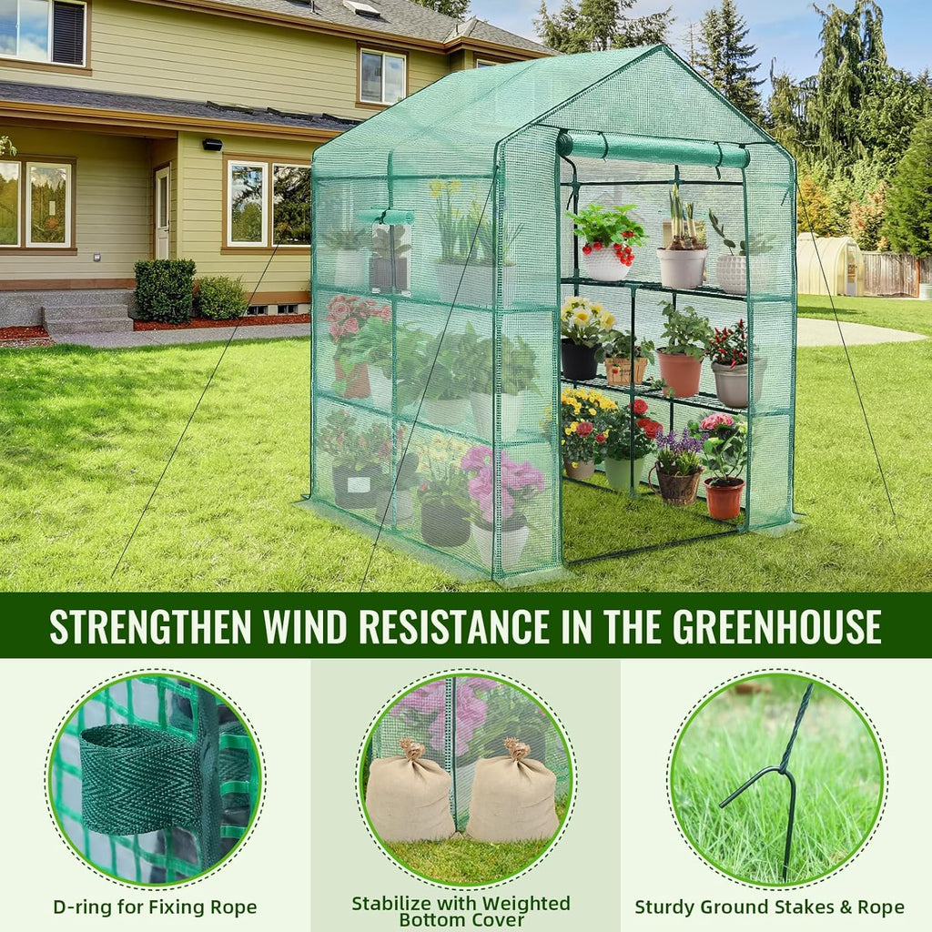 Greenhouse, 57 x 85 x 76'' Greenhouses for Outdoors, Portable Greenhouse Kit with Mesh Side Windows, PE Cover, 8 Shelves, Heavy Duty Walk in Green House for Backyard Garden Indoor Outside