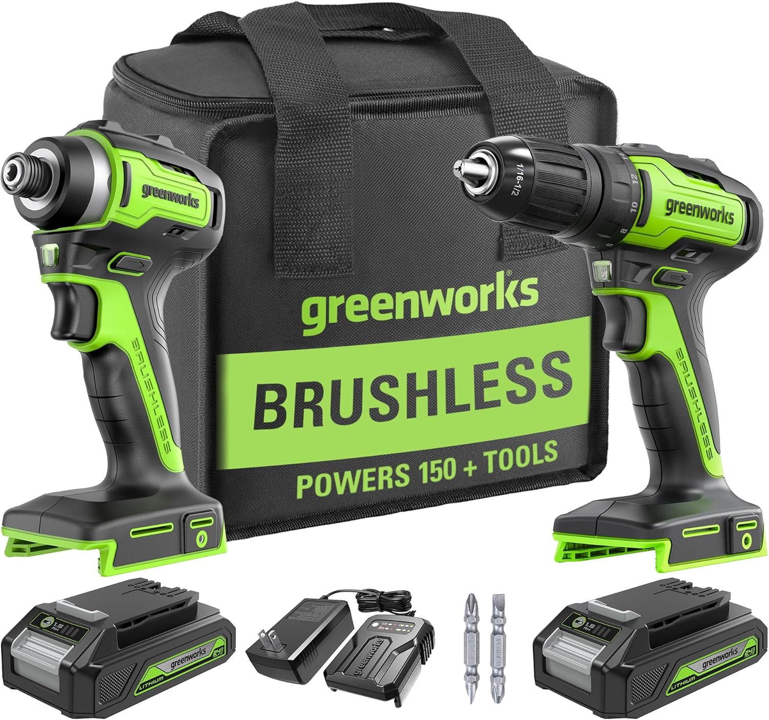 24V Brushless Cordless Drill Impact Driver Power Tool Combo Kit Included 1/2”Drill & 1/4”Hex
