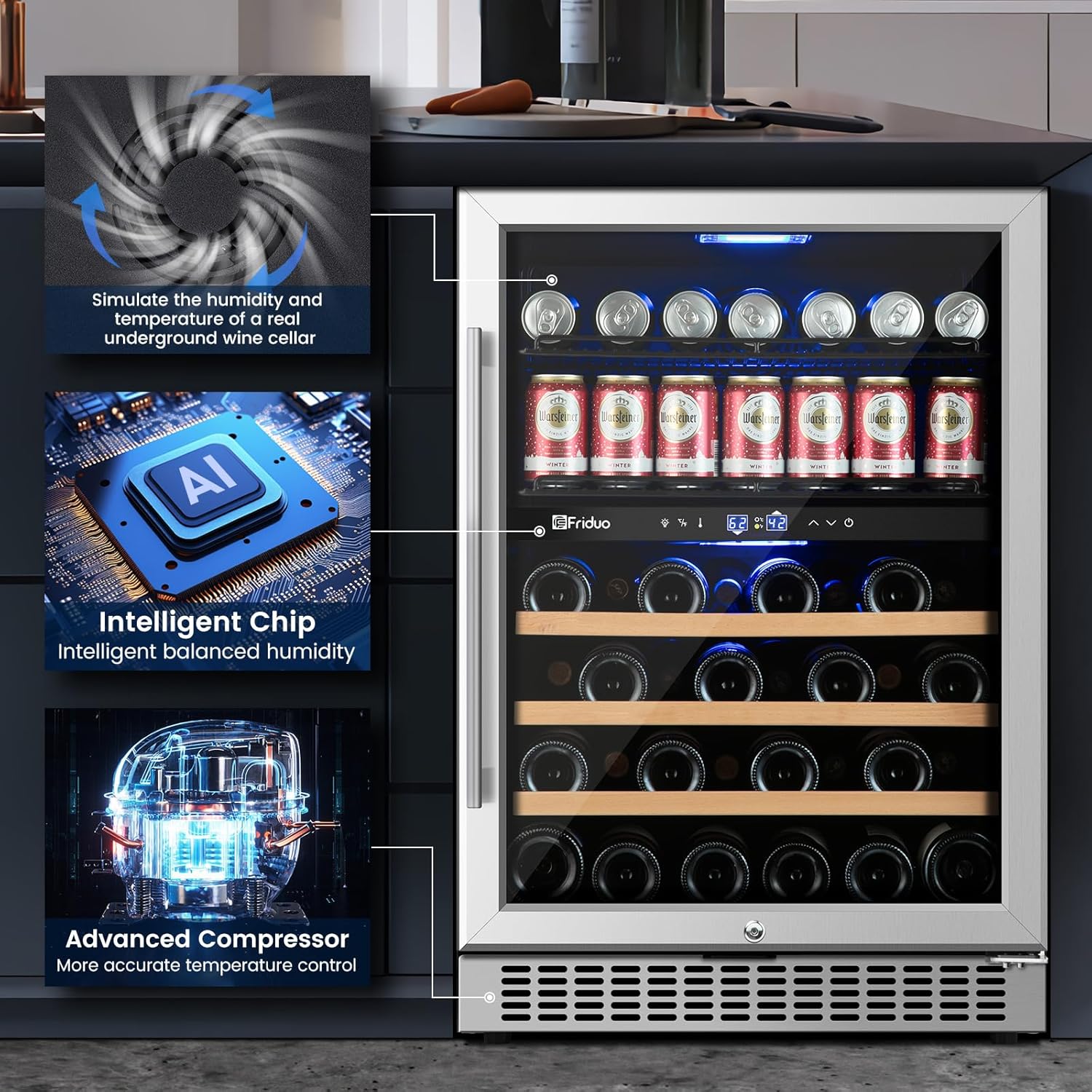 24 inch Dual Zone Beverage Refrigerator, 30 Bottles & 82 Cans Wine Fridge Built-in or Freestanding with Glass Door, Wine and Beverage Refrigerator Cooler for Kitchen Home Bar