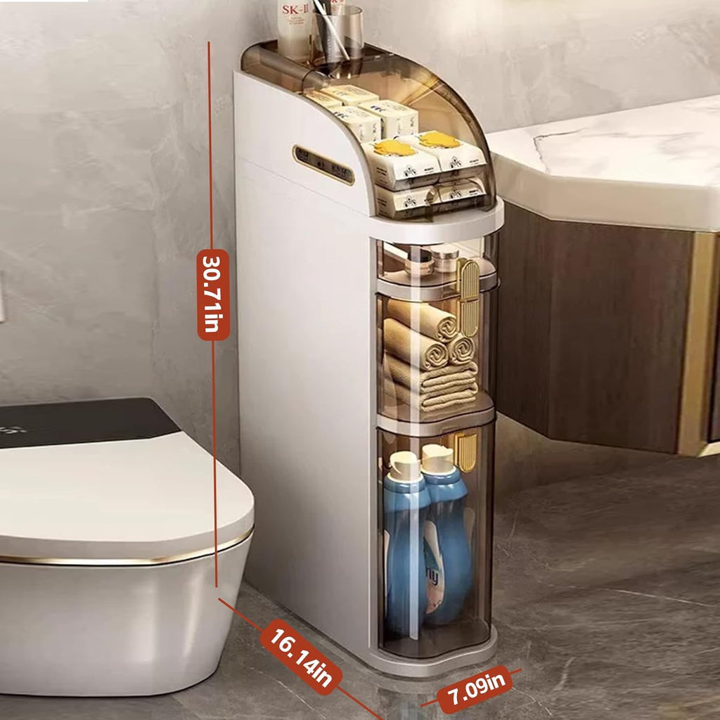 4-Tiers Narrow Bathroom Storage Cabinet 7.1 Slim Bathroom Floor Organizer with Drawers and Tissue Box Plastic Waterproof Mobile Locker