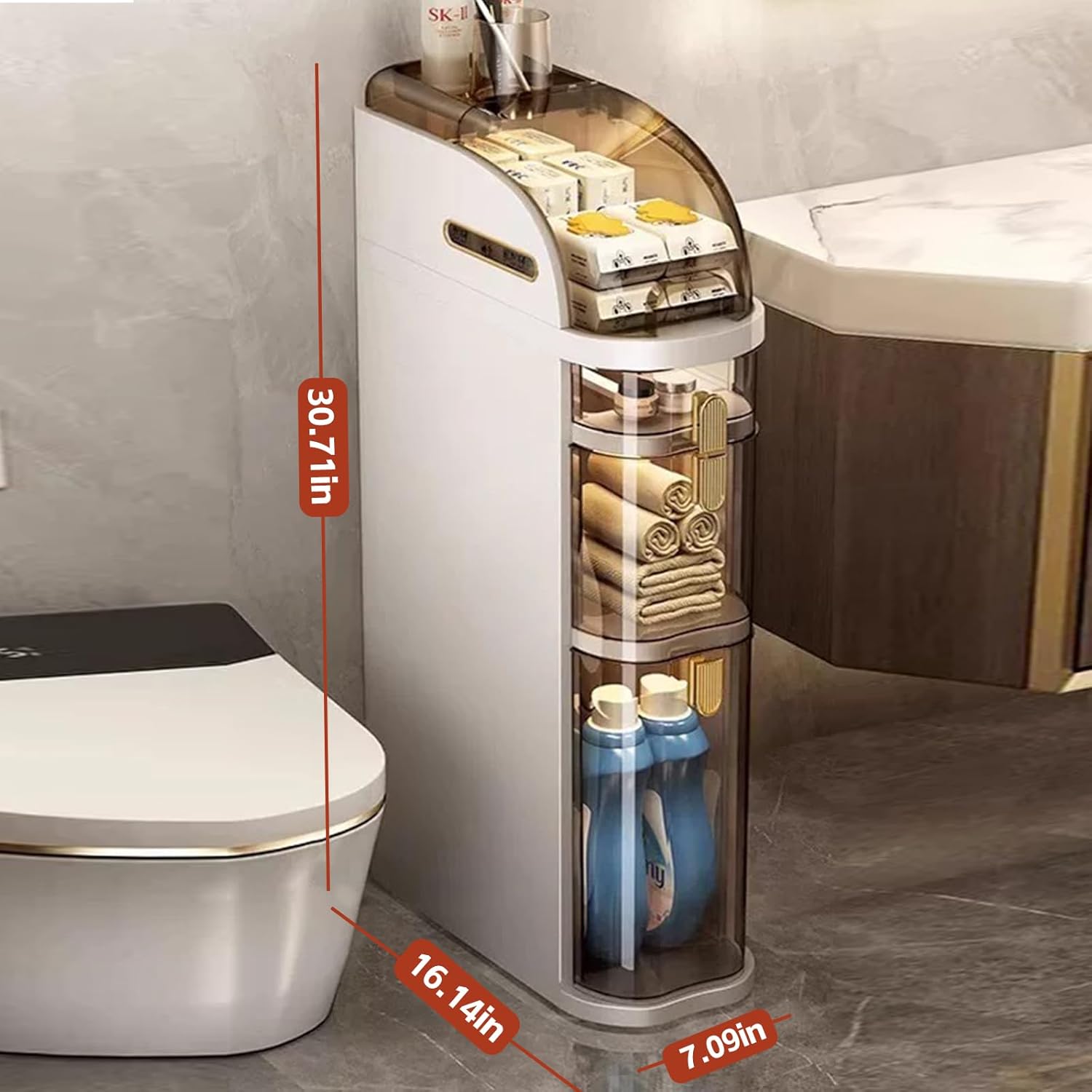 4-Tiers Narrow Bathroom Storage Cabinet 7.1 Slim Bathroom Floor Organizer with Drawers and Tissue Box Plastic Waterproof Mobile Locker