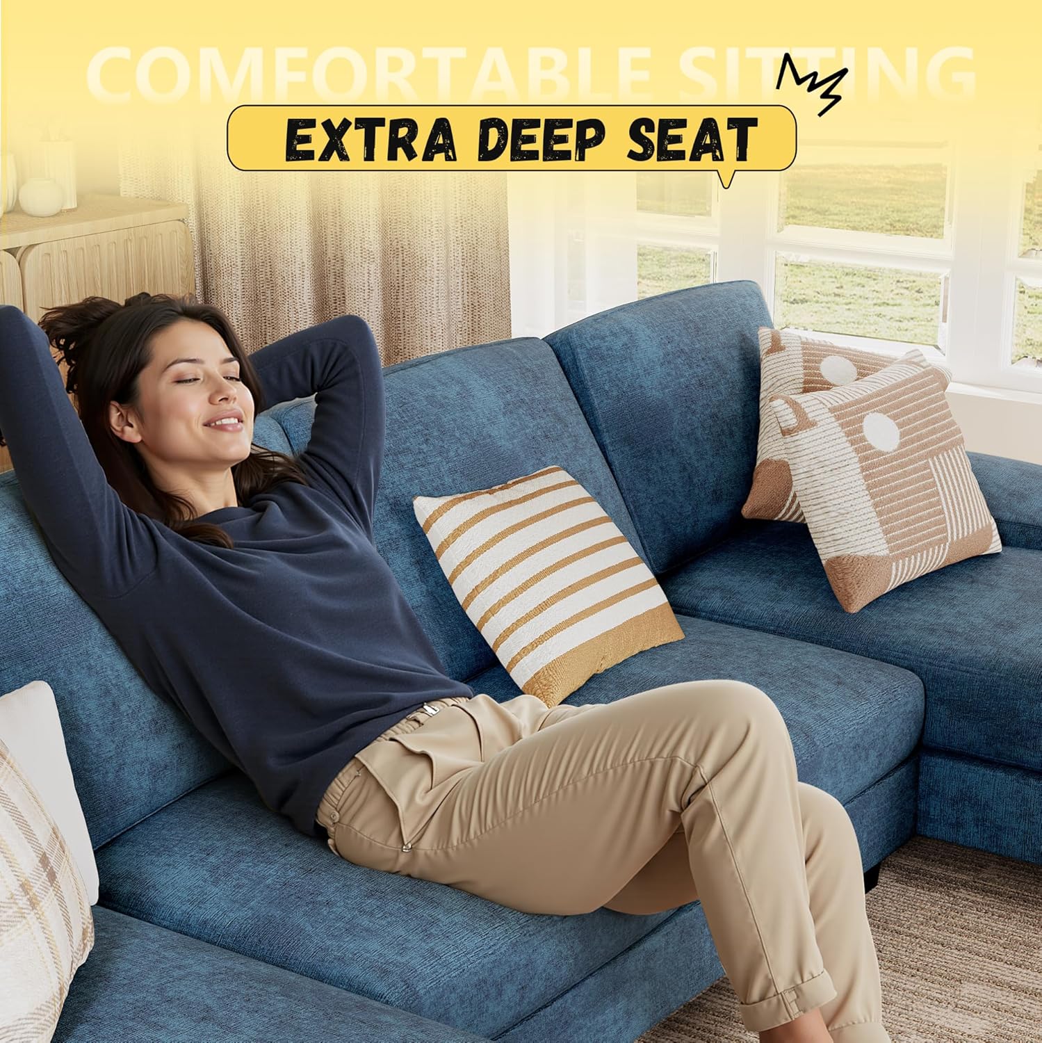 JUMMICO Sectional Couches for Living Room, U Shaped Couch with Chenille Fabric, 4 Seat Modern Sofa with Removable Pillows for Apartment and Small Space (Fabric, Grey)