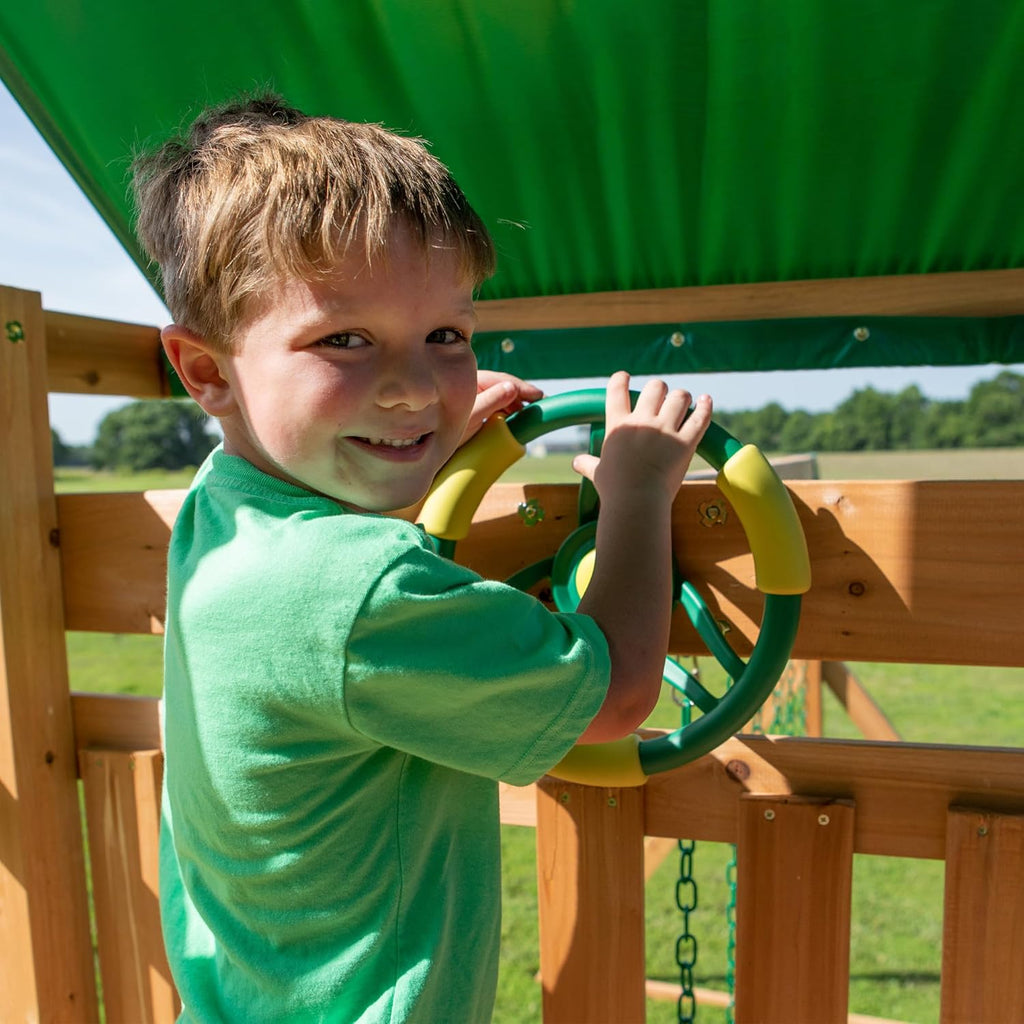 Backyard Discovery Mount Mckinley Cedar Wood Swing Set with Wave Slide, Play Deck, Double Rock Wall, Rope Ladder, Web Swing, Belt Swings, Toy Telescope, Steering Wheel, Sandbox Area, Outdoor Playset