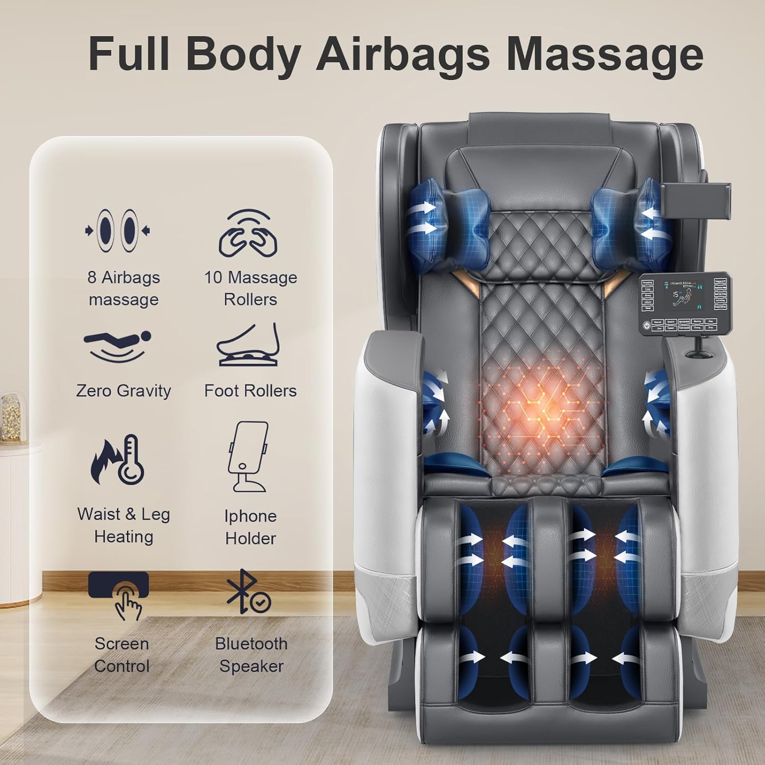 2025 Massage Chair Full Body, Zero Gravity Massage Chair with 10 Fix Rollers, Heating, Foot Massage, Auto Modes, Bluetooth Speaker, Touch Screen Controller (Brown Premium)