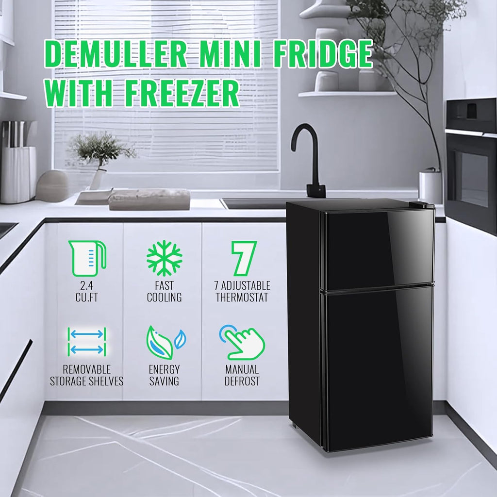 2.4 Cu.Ft Mini Fridge with Freezer & Double Door Small Tiny Size Refrigerator with 7 Temperature Control Knob Only Suitable for One Person Use Black