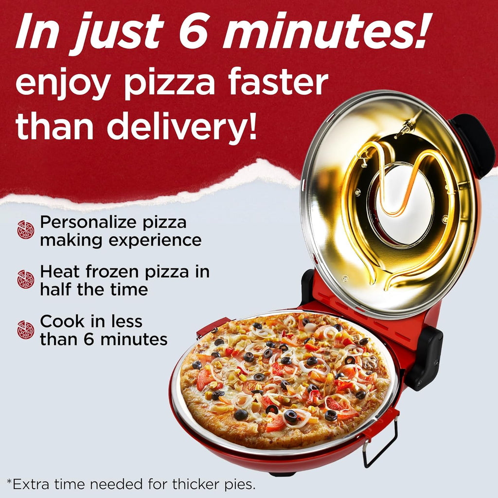Electric Pizza Oven with Ceramic Stone, Viewing Window, Adjustable Heat Control, Timer and 1200W Baking Power, DIY Homemade Pizzeria, Large 12 Pie Capacity (Black)