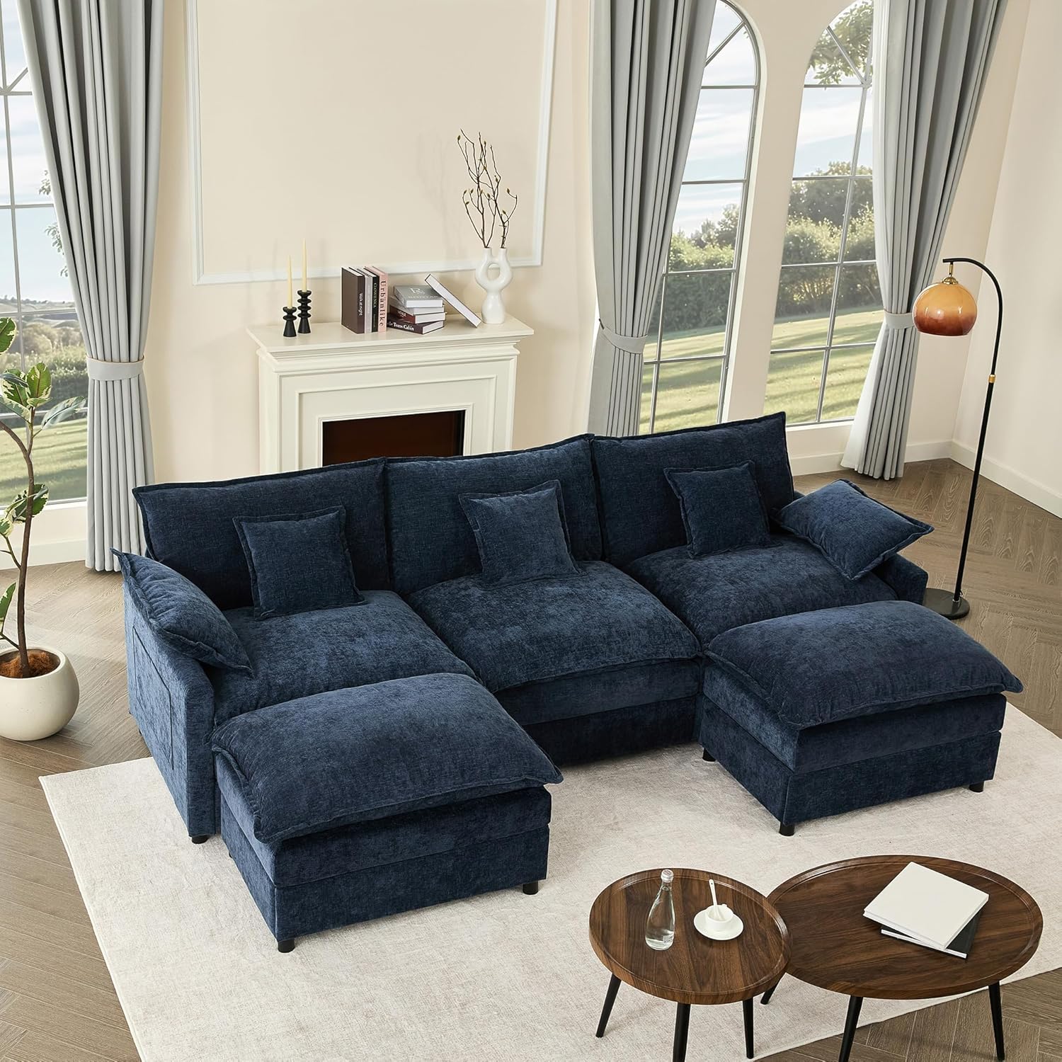108 U Shaped Couch, Modular Sectional Sofa, 3-Seater Comfy Cloud Couch with Movable Ottoman, Deep Seat Couches for Living Room, Chenille, Slate