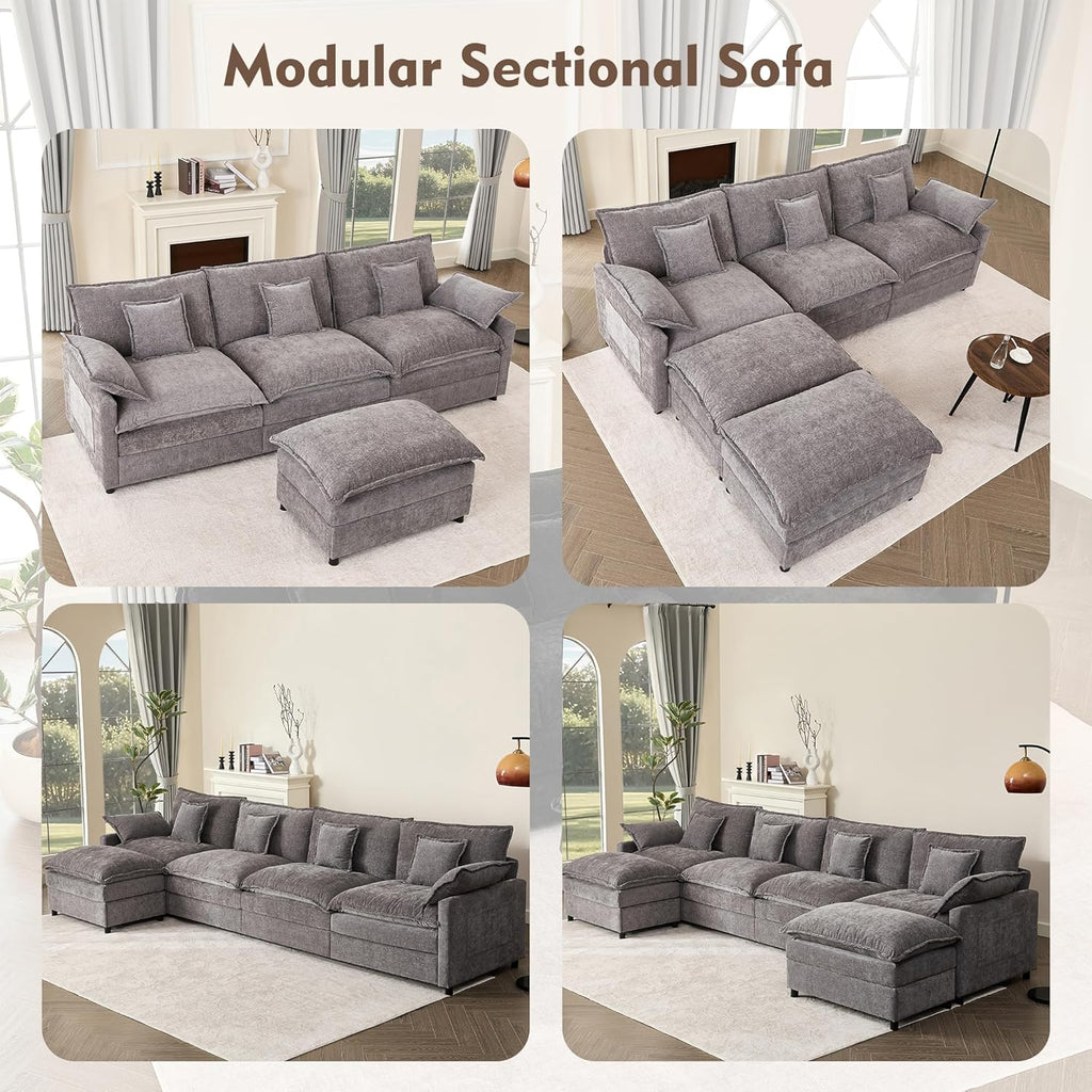 108 U Shaped Couch, Modular Sectional Sofa, 3-Seater Comfy Cloud Couch with Movable Ottoman, Deep Seat Couches for Living Room, Chenille, Slate