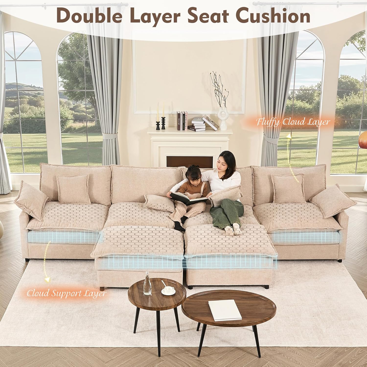 108 U Shaped Couch, Modular Sectional Sofa, 3-Seater Comfy Cloud Couch with Movable Ottoman, Deep Seat Couches for Living Room, Chenille, Slate