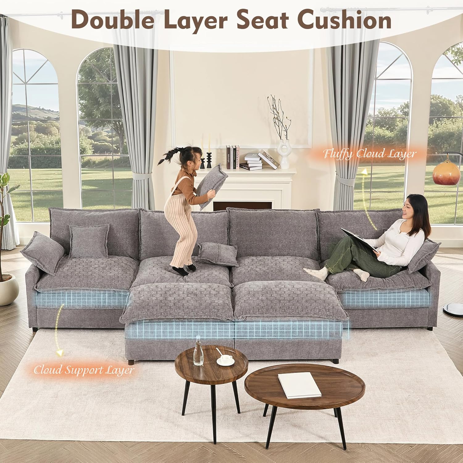108 U Shaped Couch, Modular Sectional Sofa, 3-Seater Comfy Cloud Couch with Movable Ottoman, Deep Seat Couches for Living Room, Linen, Beige