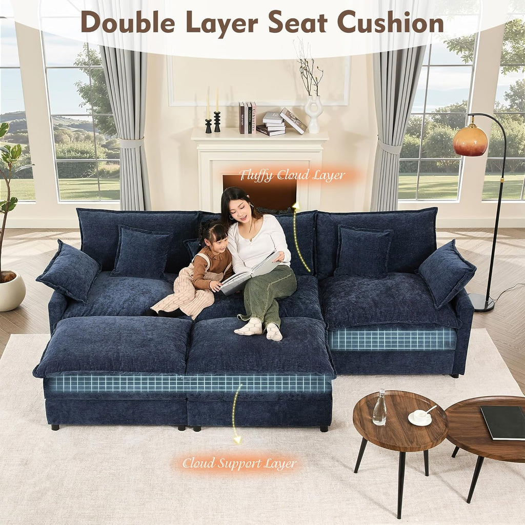 108 U Shaped Couch, Modular Sectional Sofa, 3-Seater Comfy Cloud Couch with Movable Ottoman, Deep Seat Couches for Living Room, Chenille, Slate