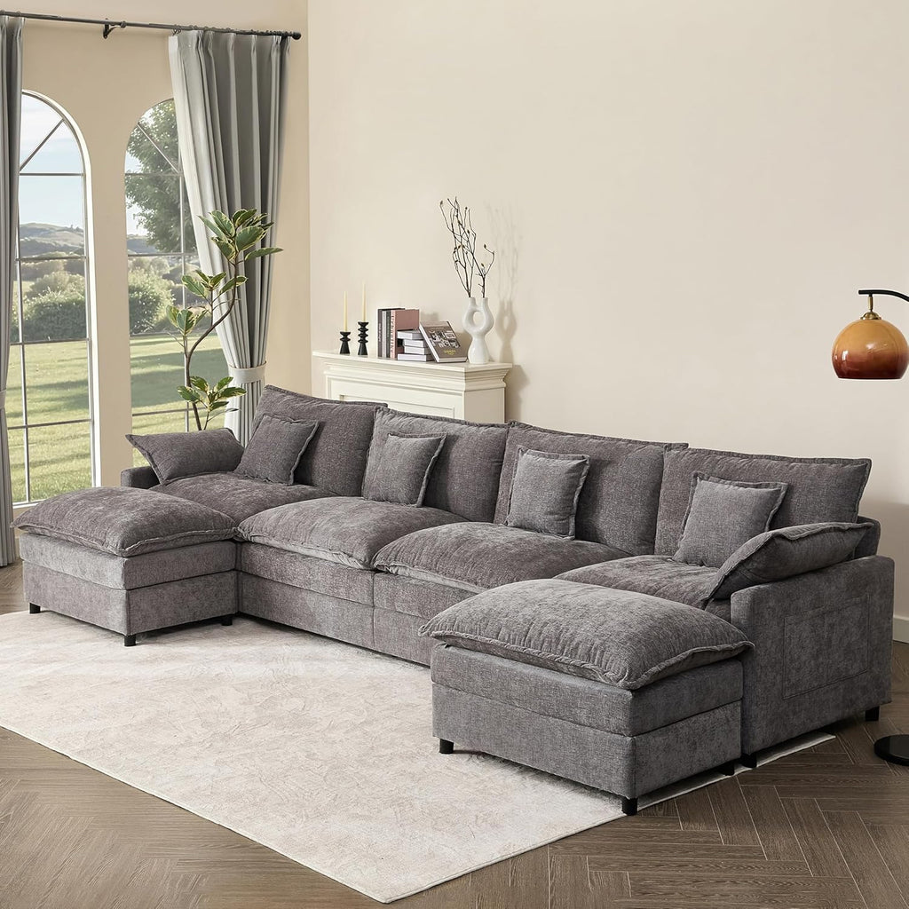 108 U Shaped Couch, Modular Sectional Sofa, 3-Seater Comfy Cloud Couch with Movable Ottoman, Deep Seat Couches for Living Room, Linen, Beige