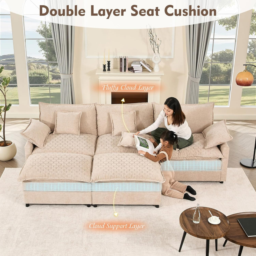 108 U Shaped Couch, Modular Sectional Sofa, 3-Seater Comfy Cloud Couch with Movable Ottoman, Deep Seat Couches for Living Room, Chenille, Slate
