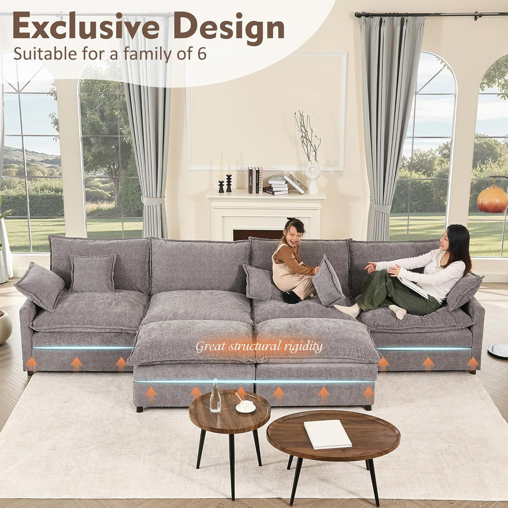 108 U Shaped Couch, Modular Sectional Sofa, 3-Seater Comfy Cloud Couch with Movable Ottoman, Deep Seat Couches for Living Room, Linen, Beige