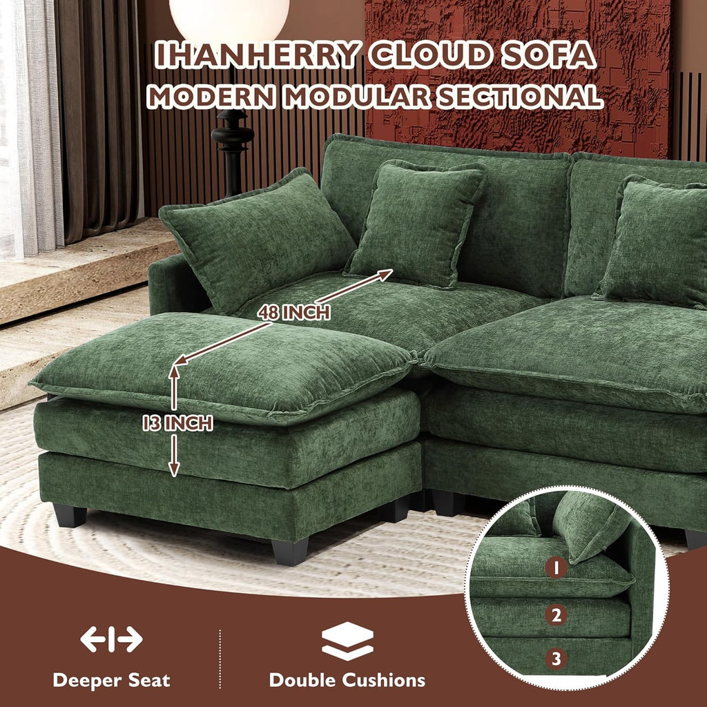 111.4 Inch L-Shaped Modern Sofa Modular Cloud Sofa Ottoman 4-Seater Chenille Deep Seat Sofa