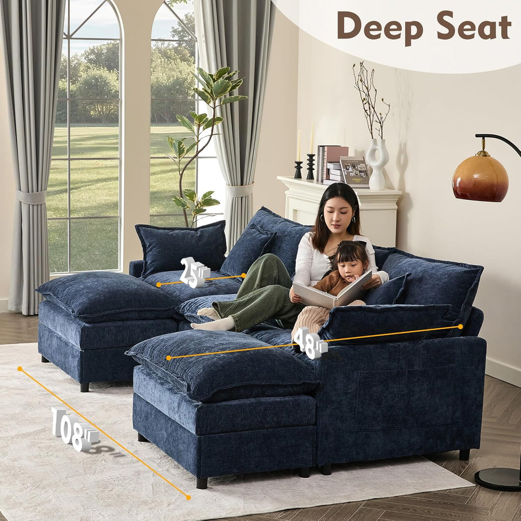 108 U Shaped Couch, Modular Sectional Sofa, 3-Seater Comfy Cloud Couch with Movable Ottoman, Deep Seat Couches for Living Room, Chenille, Slate