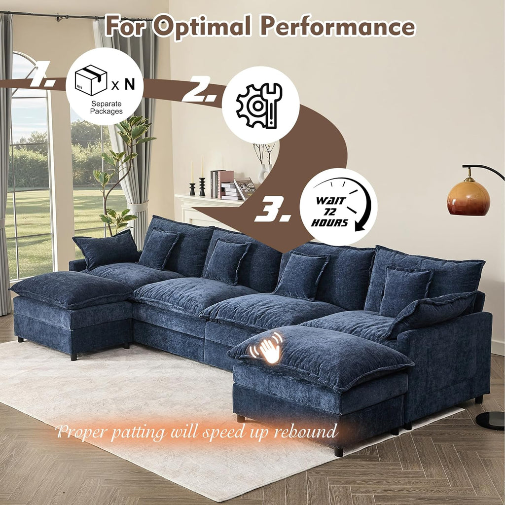 108 U Shaped Couch, Modular Sectional Sofa, 3-Seater Comfy Cloud Couch with Movable Ottoman, Deep Seat Couches for Living Room, Linen, Beige