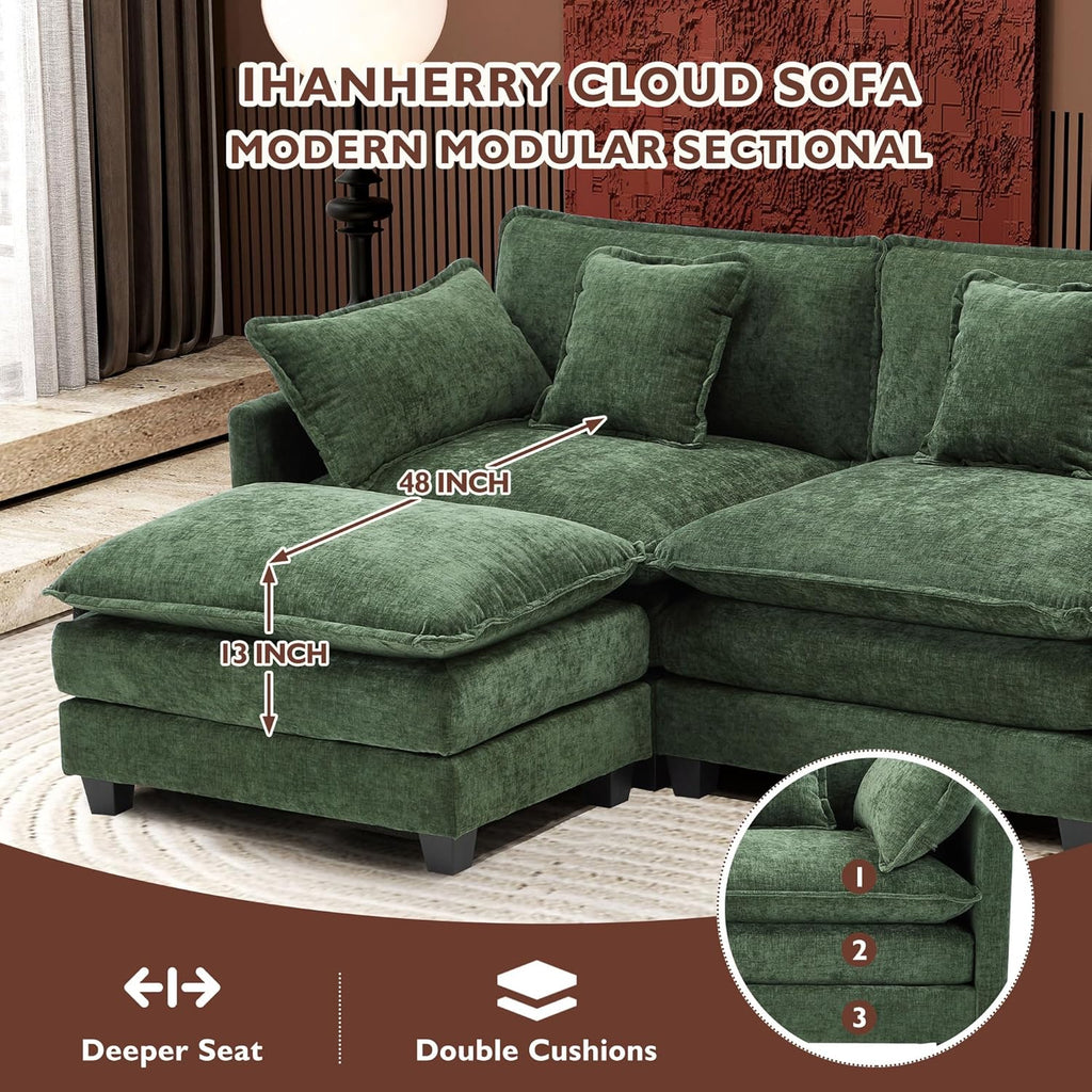 111.4 Inch L-Shaped Modern Sofa Modular Cloud Sofa Ottoman 4-Seater Chenille Deep Seat Sofa