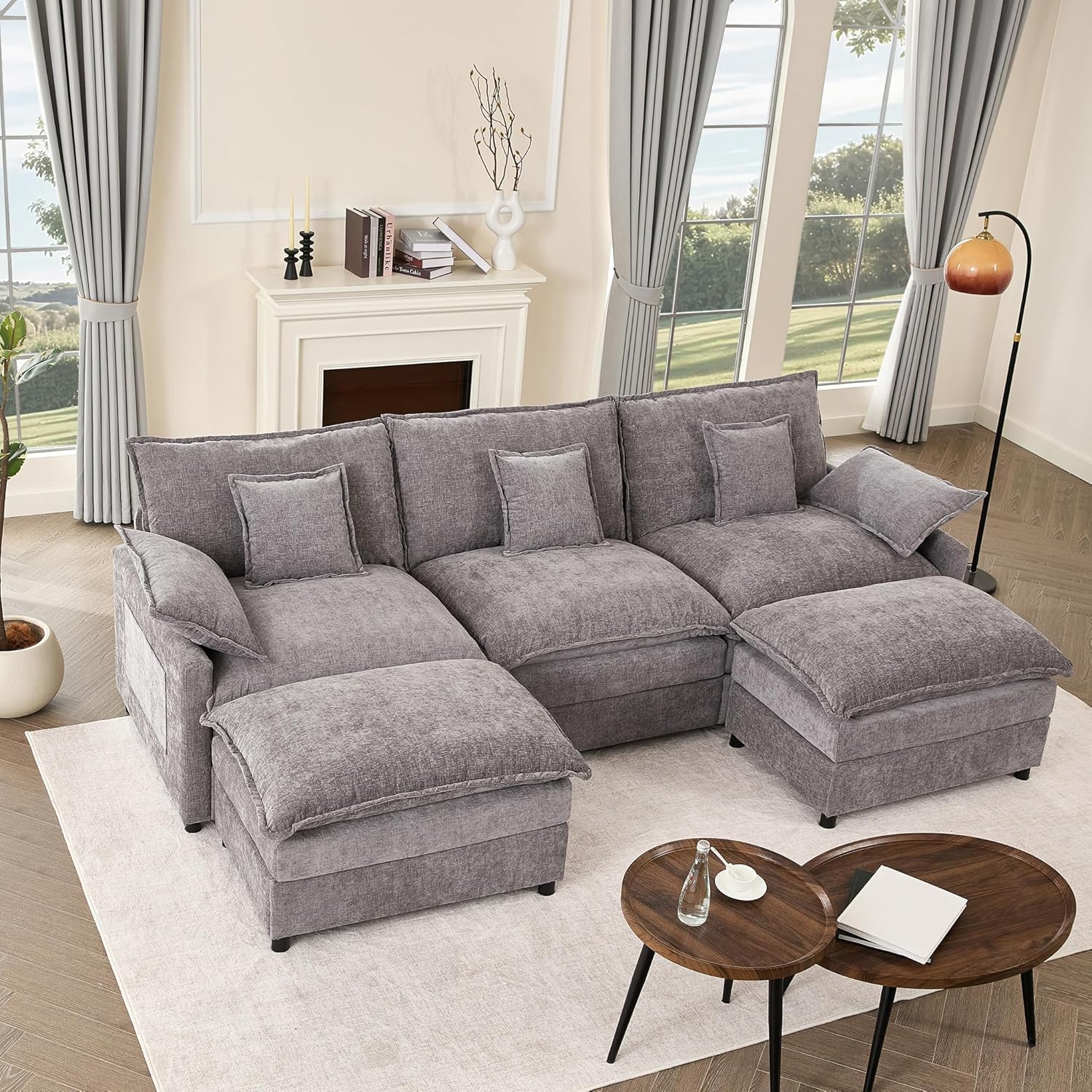 108 U Shaped Couch, Modular Sectional Sofa, 3-Seater Comfy Cloud Couch with Movable Ottoman, Deep Seat Couches for Living Room, Chenille, Slate