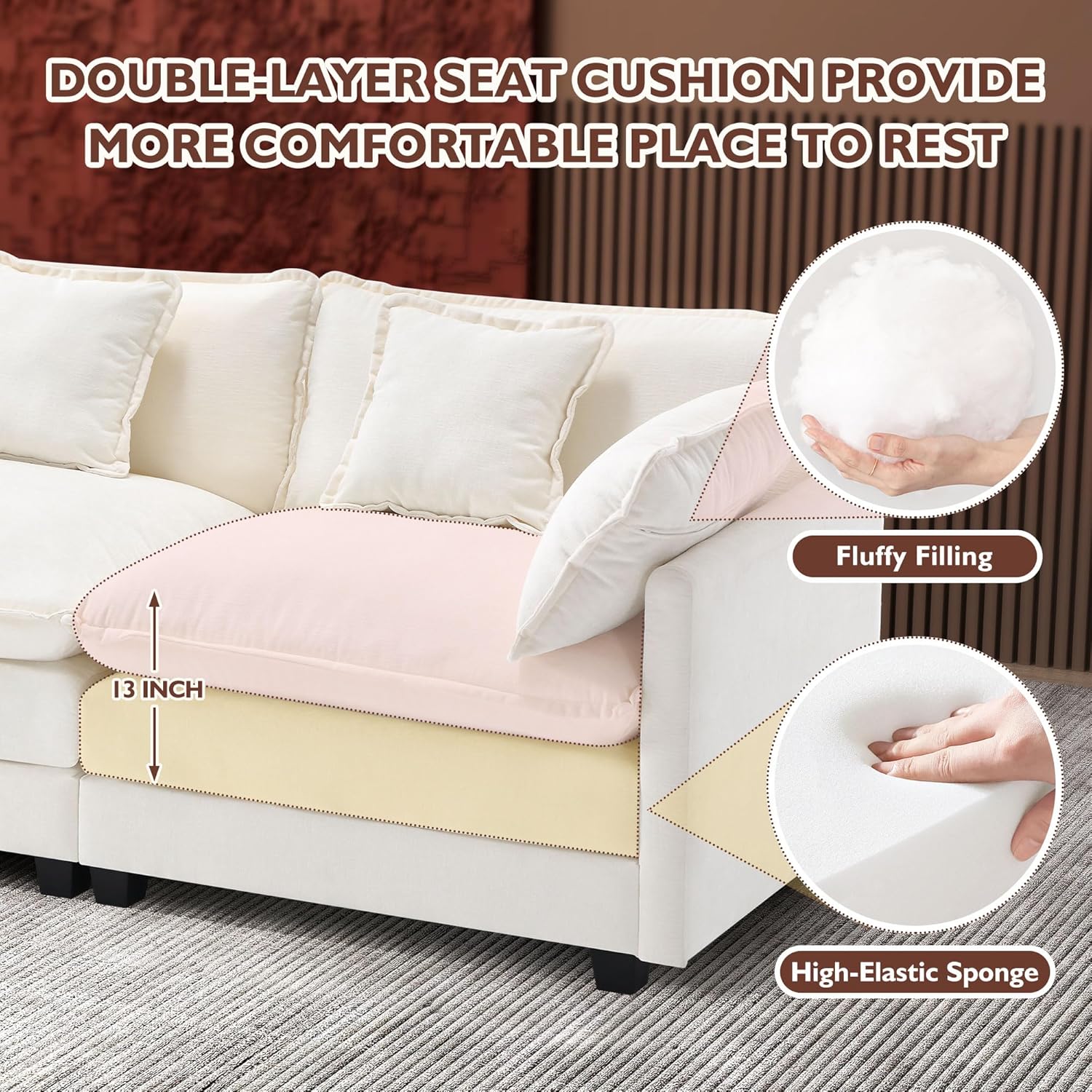 111.4 Inch L-Shaped Modern Sofa Modular Cloud Sofa Ottoman 4-Seater Chenille Deep Seat Sofa