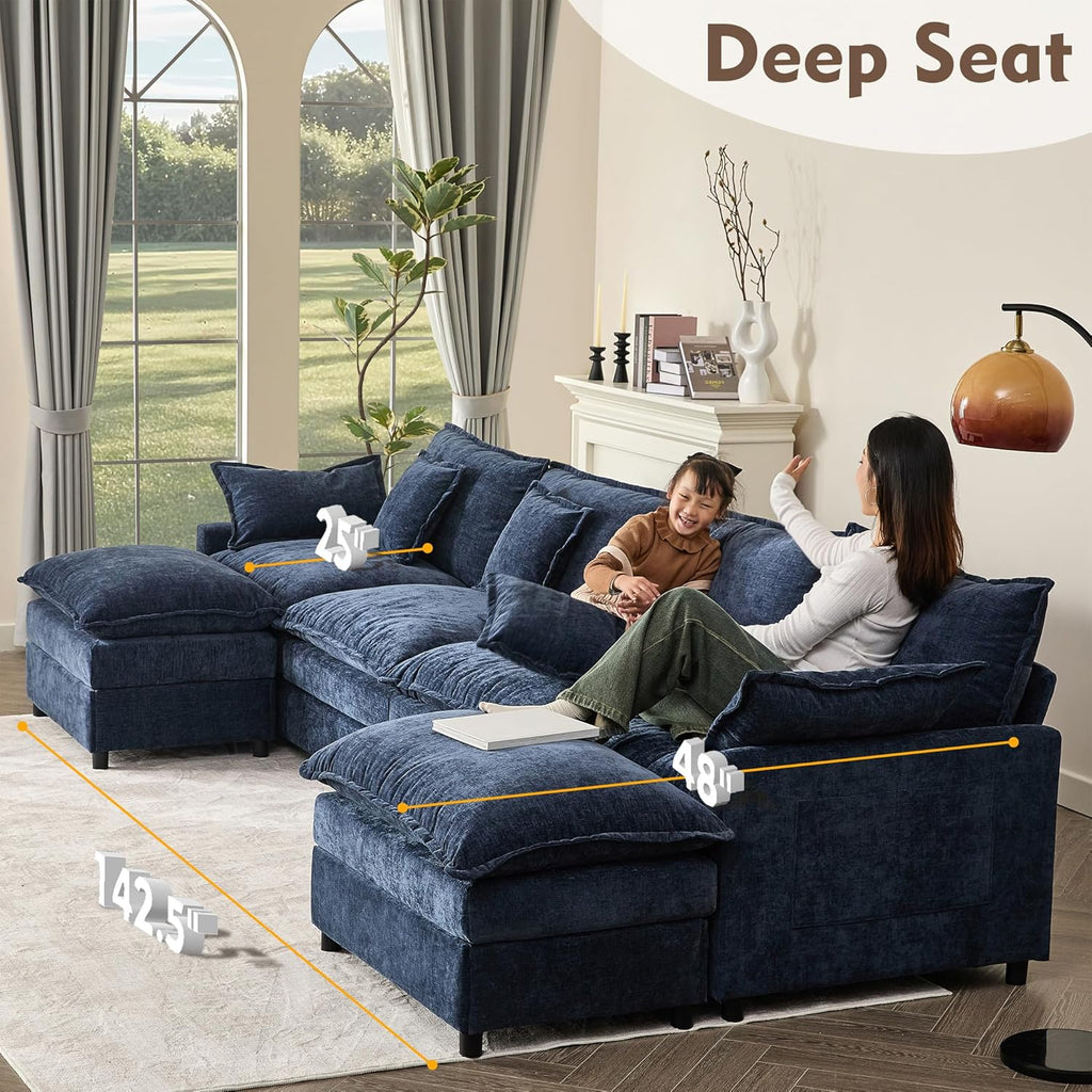 108 U Shaped Couch, Modular Sectional Sofa, 3-Seater Comfy Cloud Couch with Movable Ottoman, Deep Seat Couches for Living Room, Linen, Beige
