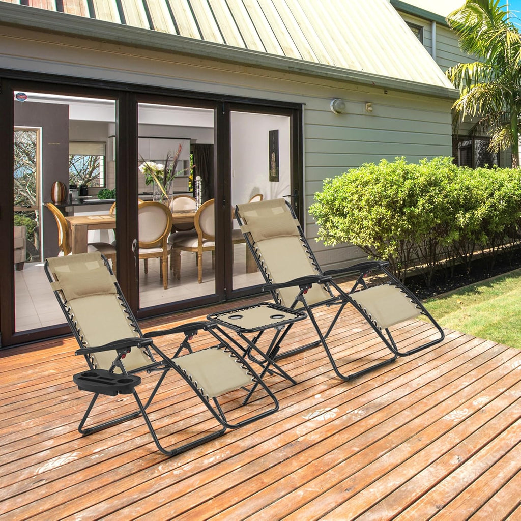 3PCS Zero Gravity Recliner Portable Outdoor Reclining Chair Set w/Side Table Folding Chaise Lounge Chairs