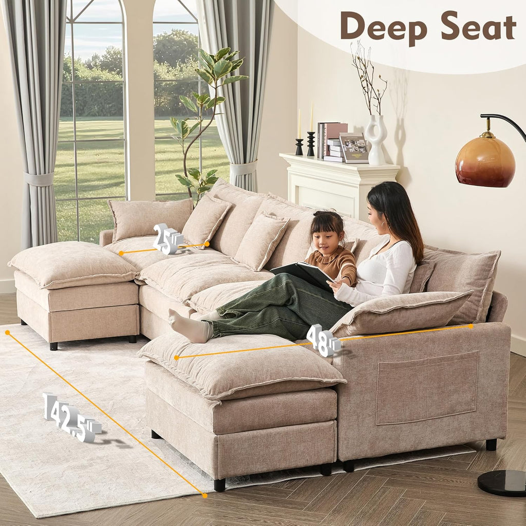 108 U Shaped Couch, Modular Sectional Sofa, 3-Seater Comfy Cloud Couch with Movable Ottoman, Deep Seat Couches for Living Room, Chenille, Slate