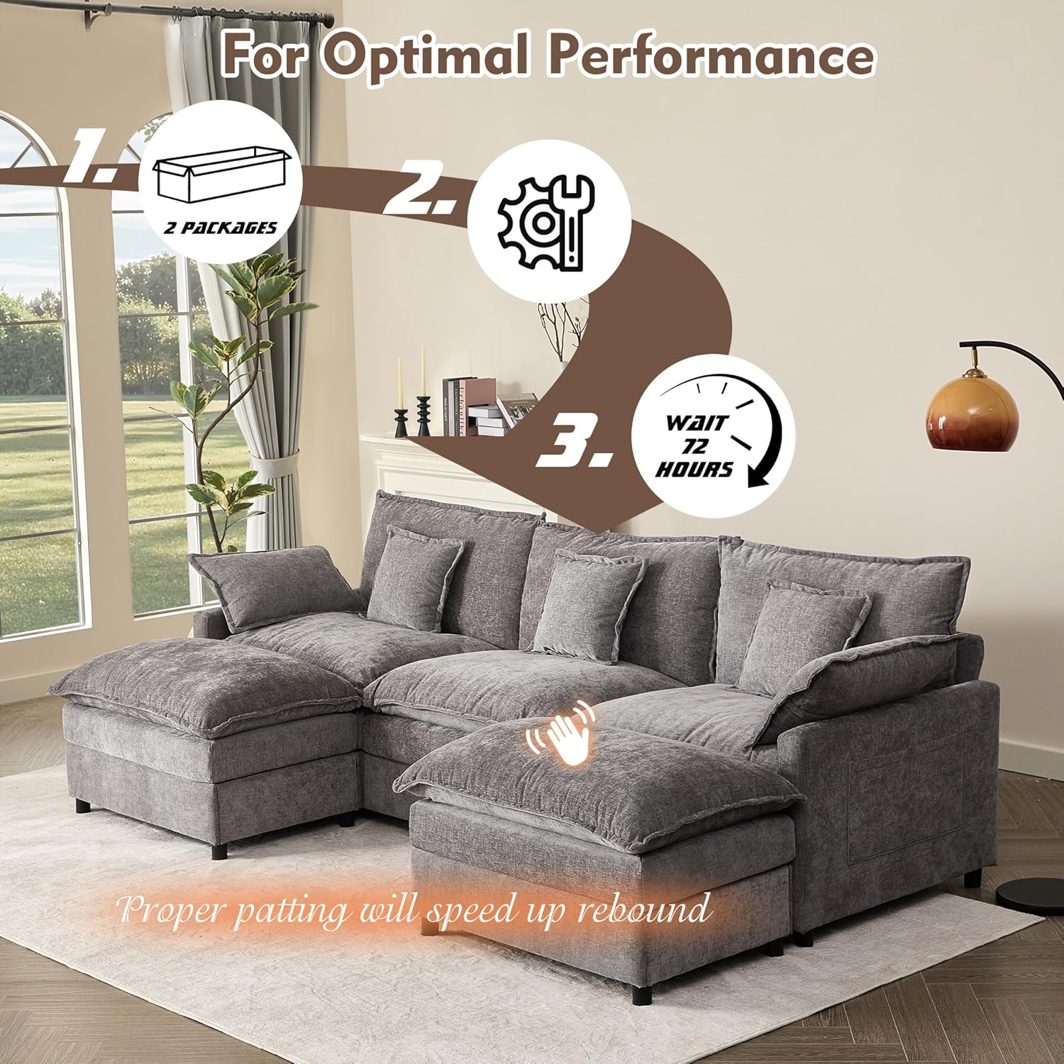 108 U Shaped Couch, Modular Sectional Sofa, 3-Seater Comfy Cloud Couch with Movable Ottoman, Deep Seat Couches for Living Room, Chenille, Slate