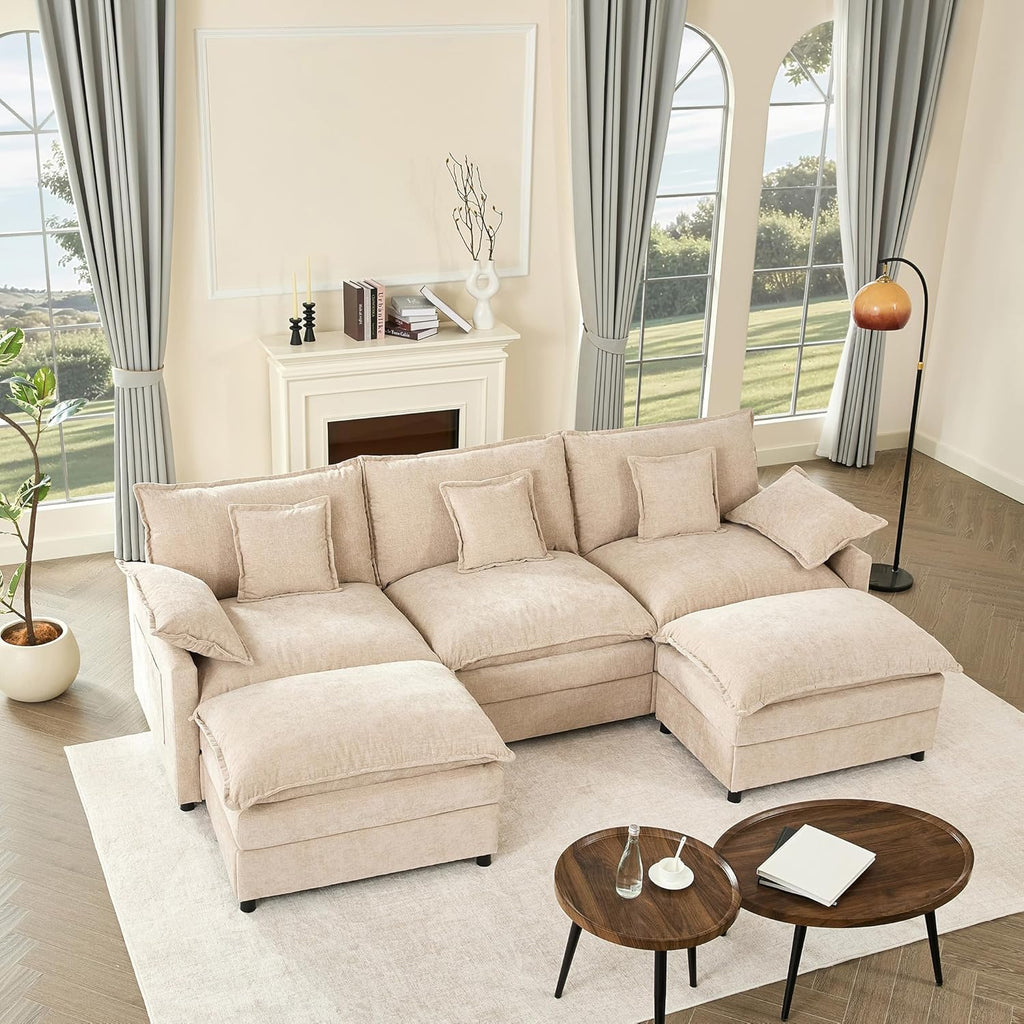 108 U Shaped Couch, Modular Sectional Sofa, 3-Seater Comfy Cloud Couch with Movable Ottoman, Deep Seat Couches for Living Room, Chenille, Slate