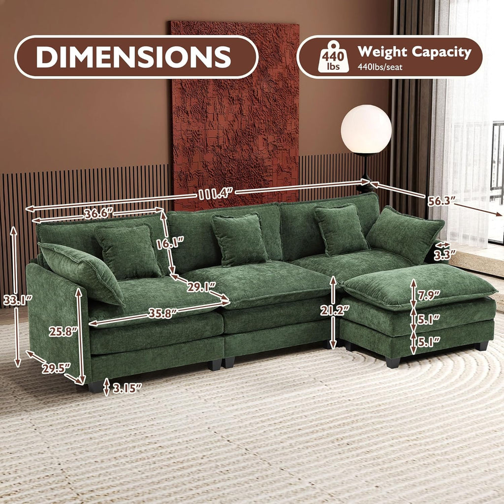 111.4 Inch L-Shaped Modern Sofa Modular Cloud Sofa Ottoman 4-Seater Chenille Deep Seat Sofa