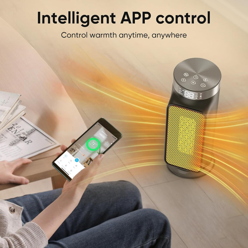 1500W Space Heaters for Indoor Use, Smart PTC Electric Heater with Wifi/App & Remote Control, 24H Timer, 90° Oscillation, Overheat and Tip-Over Protection, 5 Modes for Home Office Bedroom Bathroom