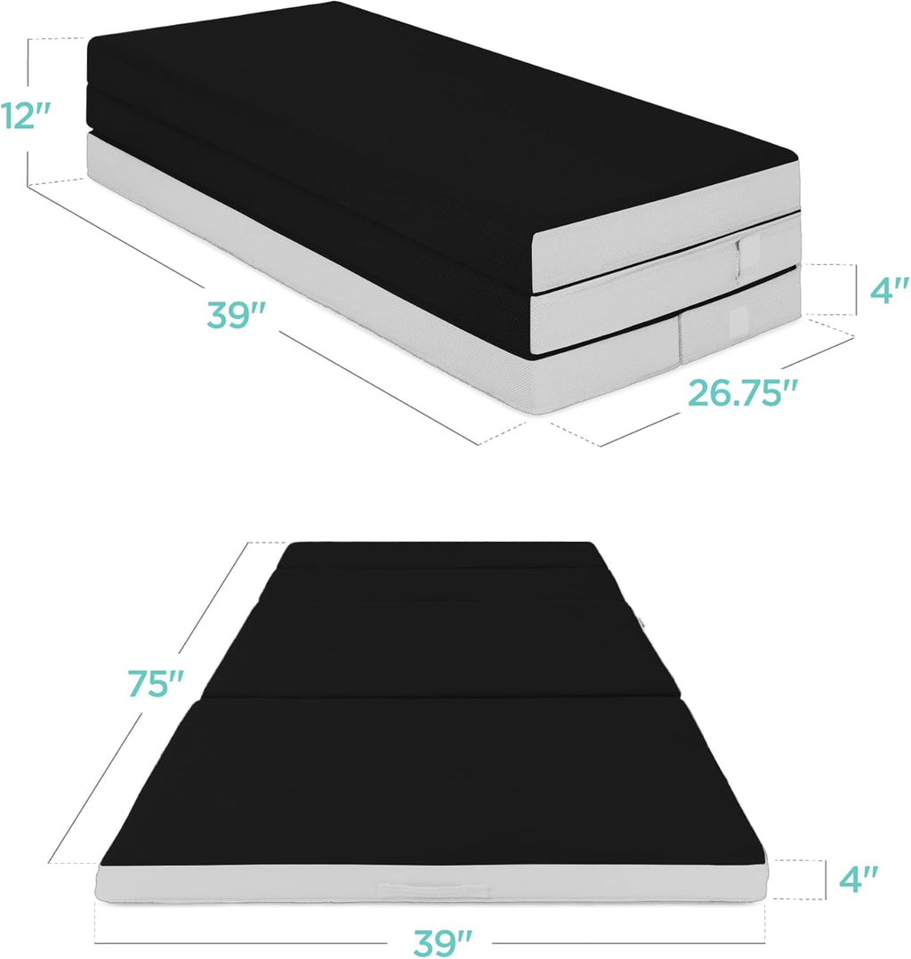 4in Portable Queen-Size Mattress, Tri-Fold Mattress for Camping, Guest, Toddler