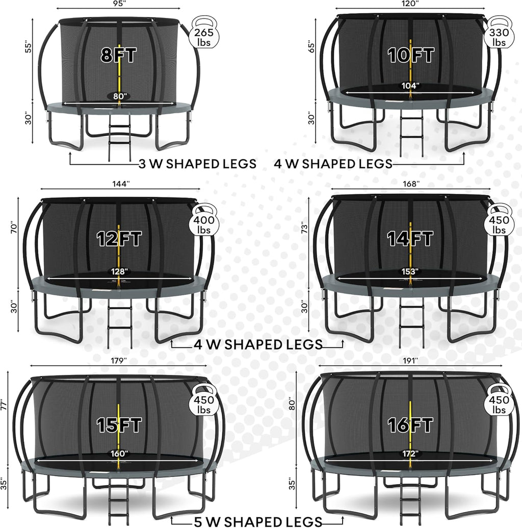 JUMPZYLLA Trampoline 8FT 10FT 12FT 14FT 15FT 16FT Trampoline with Enclosure - Recreational Trampolines with Ladder and AntiRust Coating, ASTM Approval Outdoor Trampoline for Kids