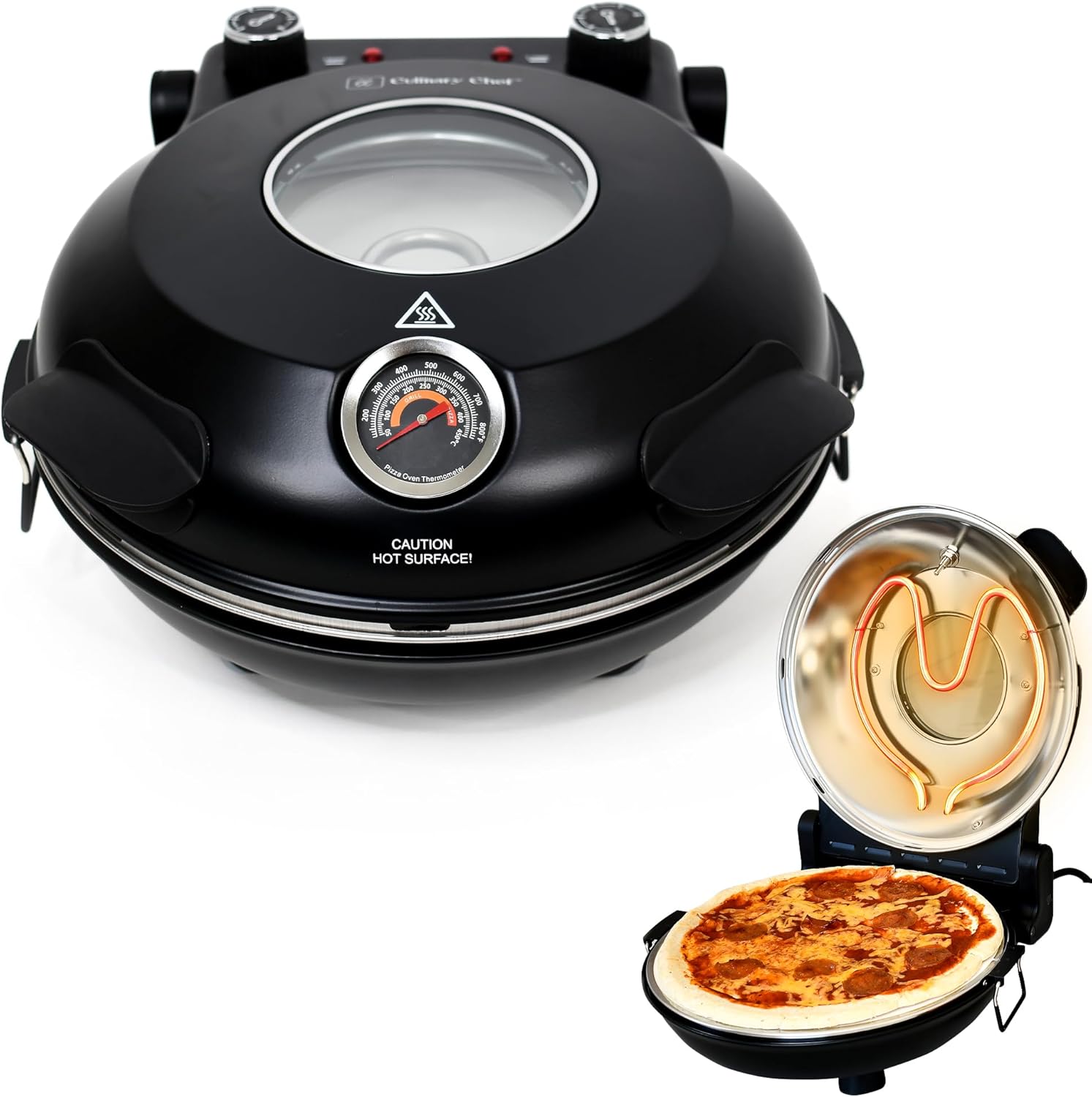 Electric Pizza Oven with Ceramic Stone, Viewing Window, Adjustable Heat Control, Timer and 1200W Baking Power, DIY Homemade Pizzeria, Large 12 Pie Capacity (Black)