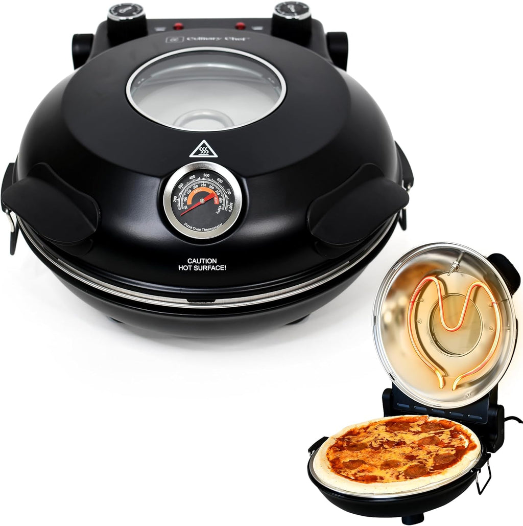 Electric Pizza Oven with Ceramic Stone, Viewing Window, Adjustable Heat Control, Timer and 1200W Baking Power, DIY Homemade Pizzeria, Large 12 Pie Capacity (Black)