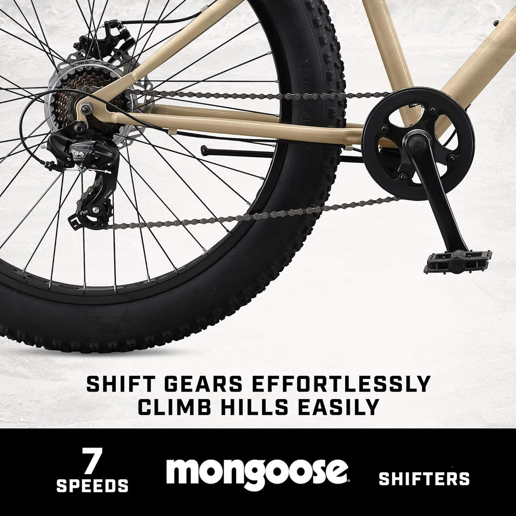 Malus Mens and Women Fat Tire Mountain Bike, 26-Inch Bicycle Wheels, 4-Inch Wide Knobby Tires, Steel Frame, 7 Speed Drivetrain, Shimano Rear Derailleur, Disc Brakes