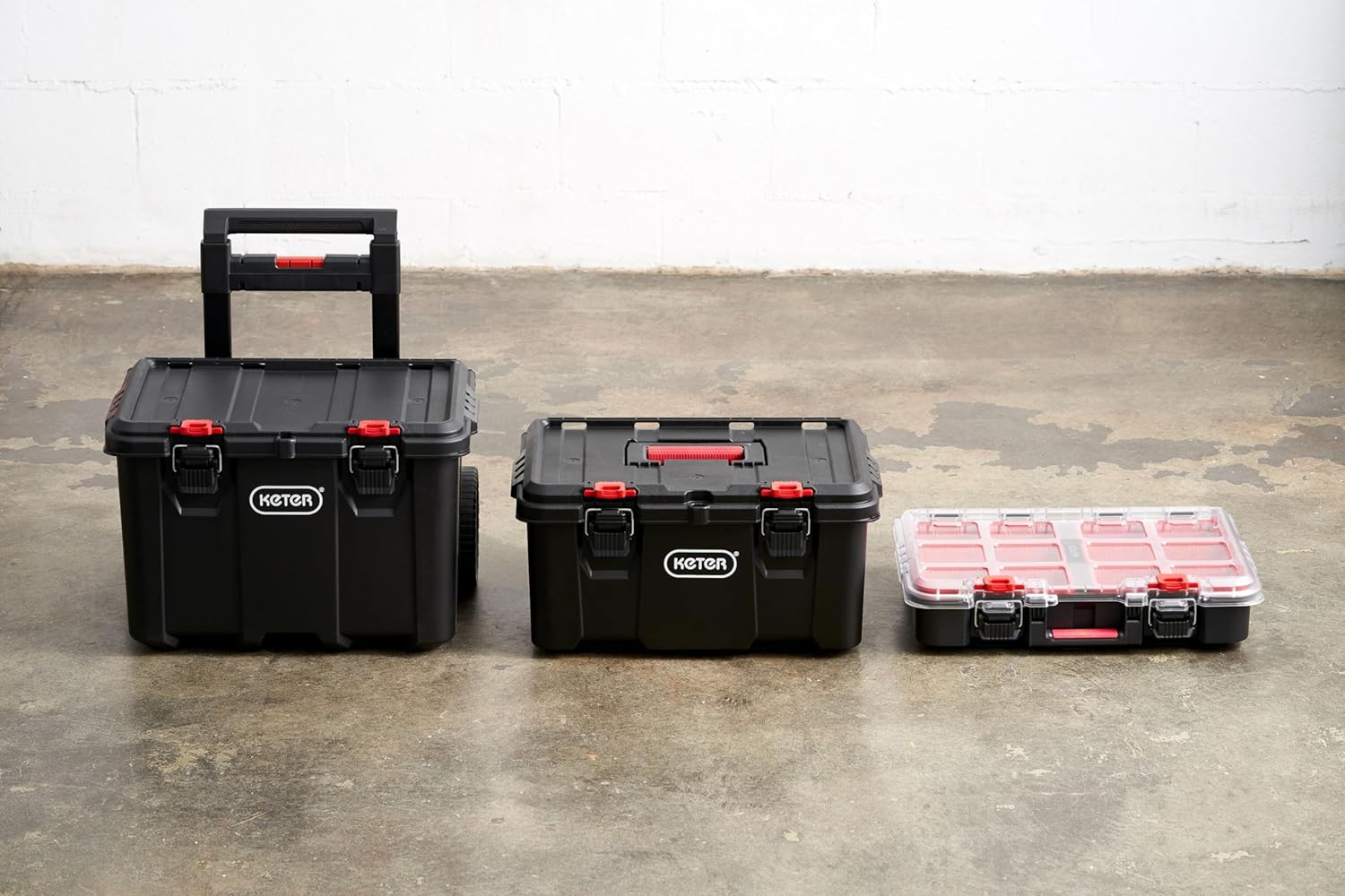 Keter Stack-n-Roll Modular Tools Organizer for Garage Storage and DIY, 3 Piece Resin Rolling Tool Box System for Small Parts
