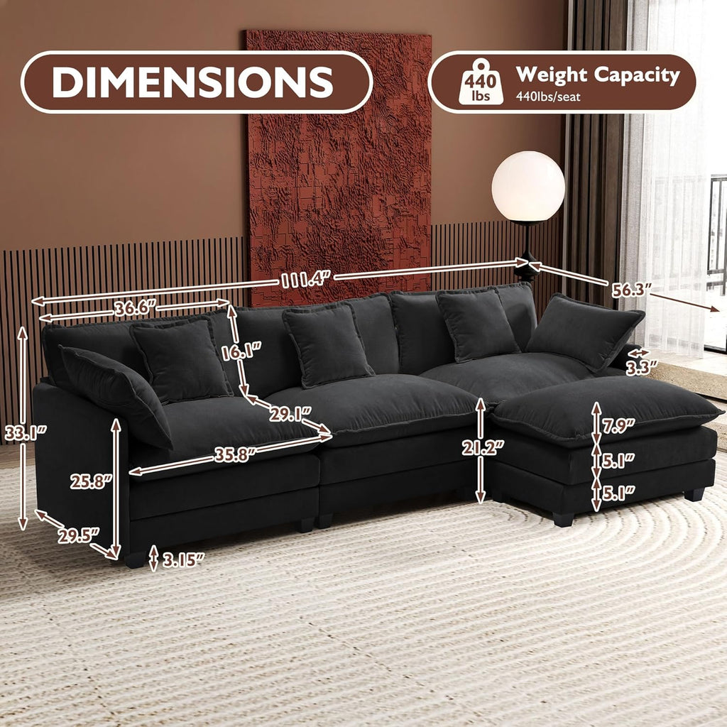 111.4 Inch L-Shaped Modern Sofa Modular Cloud Sofa Ottoman 4-Seater Chenille Deep Seat Sofa