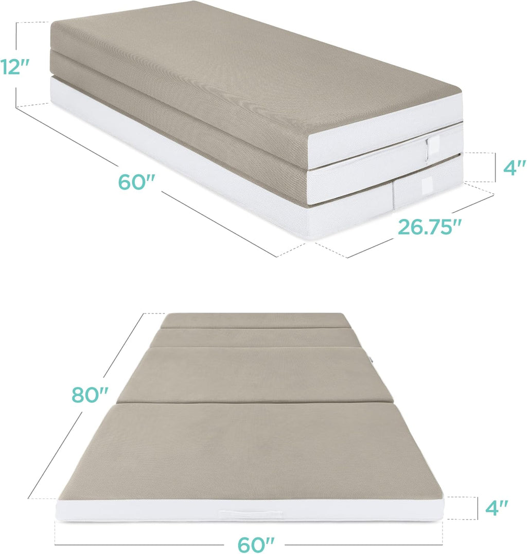 4in Portable Queen-Size Mattress, Tri-Fold Mattress for Camping, Guest, Toddler