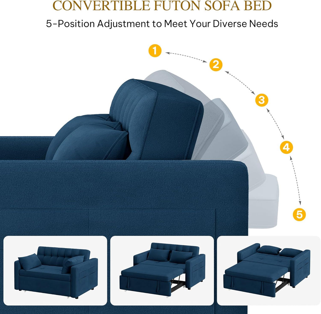 DWVO 3-in-1 Convertible Sofa Bed, 55" Sleeper Sofa with Pull-Out Bed, Cat-Scratch-Proof Fabric Futon Couch with Adjustable Backrest and Side Pocket, Loveseat for Living Room Apartment, Grey