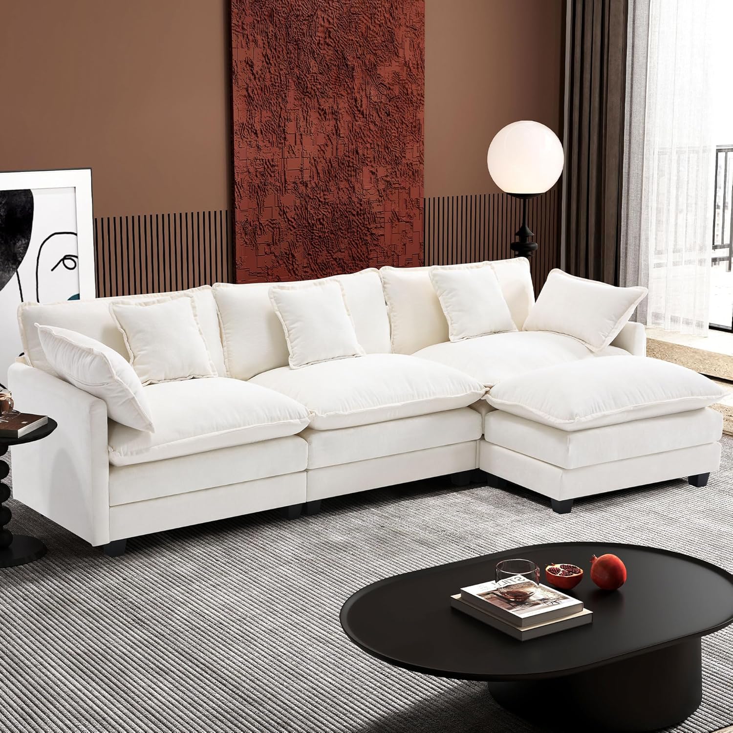 111.4 Inch L Shaped Modern Sofa Modular Cloud Sofa with Ottoman 4 Seater Chenille Deep Seat Sofa