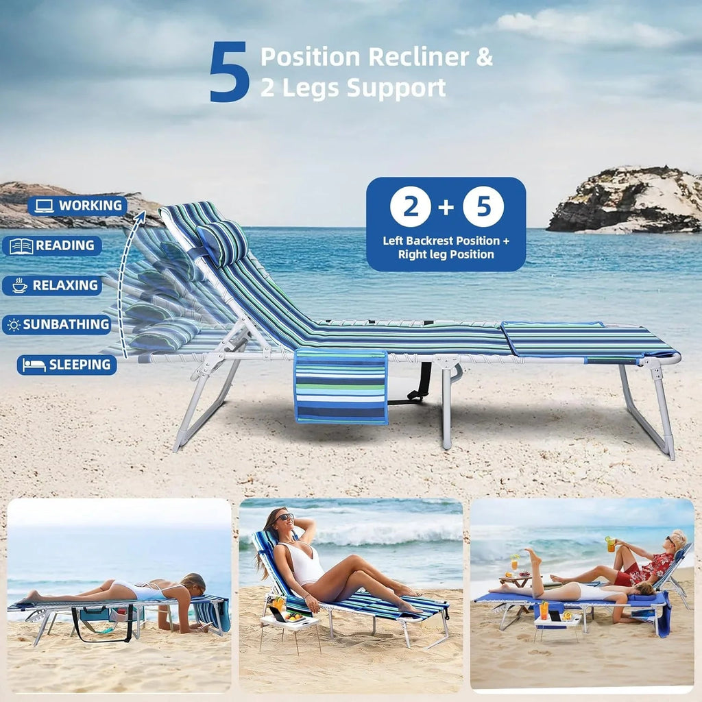 3-in-1 Beach Chair Face Holes Lounge Chair Outdoor with Folding Side Table 5-Position Recliner