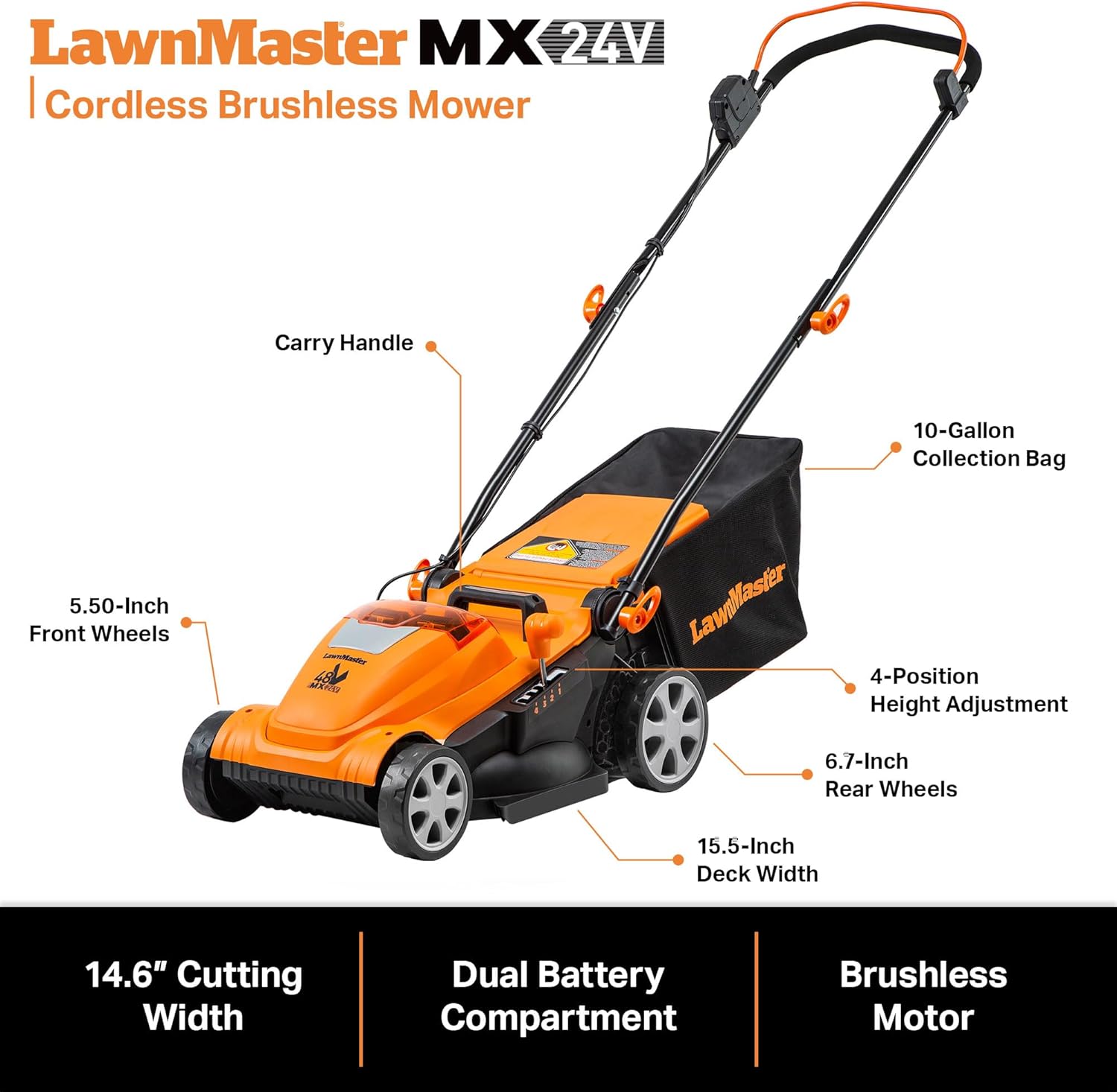 LawnMaster Cordless 13-Inch Lawn Mower 24V Max with 2X4.0Ah Battery and a Charger