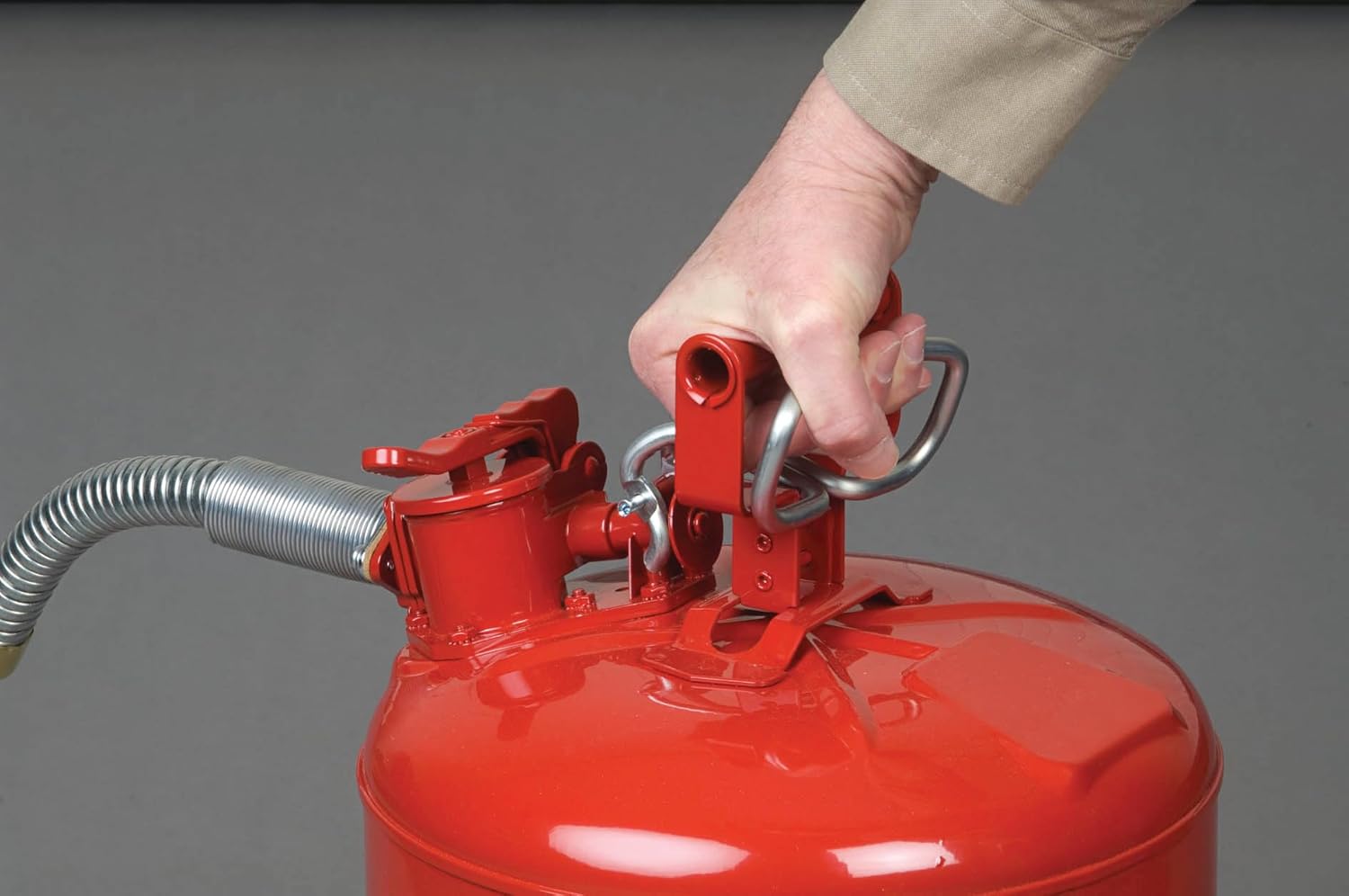 Justrite 5-Gallon Type II Red Safety Gas Can OSHA-Approved Steel Fuel Container with Flame Arrester, Self-Closing Lid & 1" Flexible Spout (7250130)