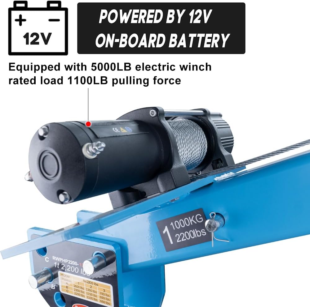 Pismire Winch Versatile 0.5T Folding Truck-Mounted Bed Crane Hoist Lift Pickup with Electric Winch 3500 lb 12V, Painted Steel 1100 lb Pickup 360掳 Swivel Base