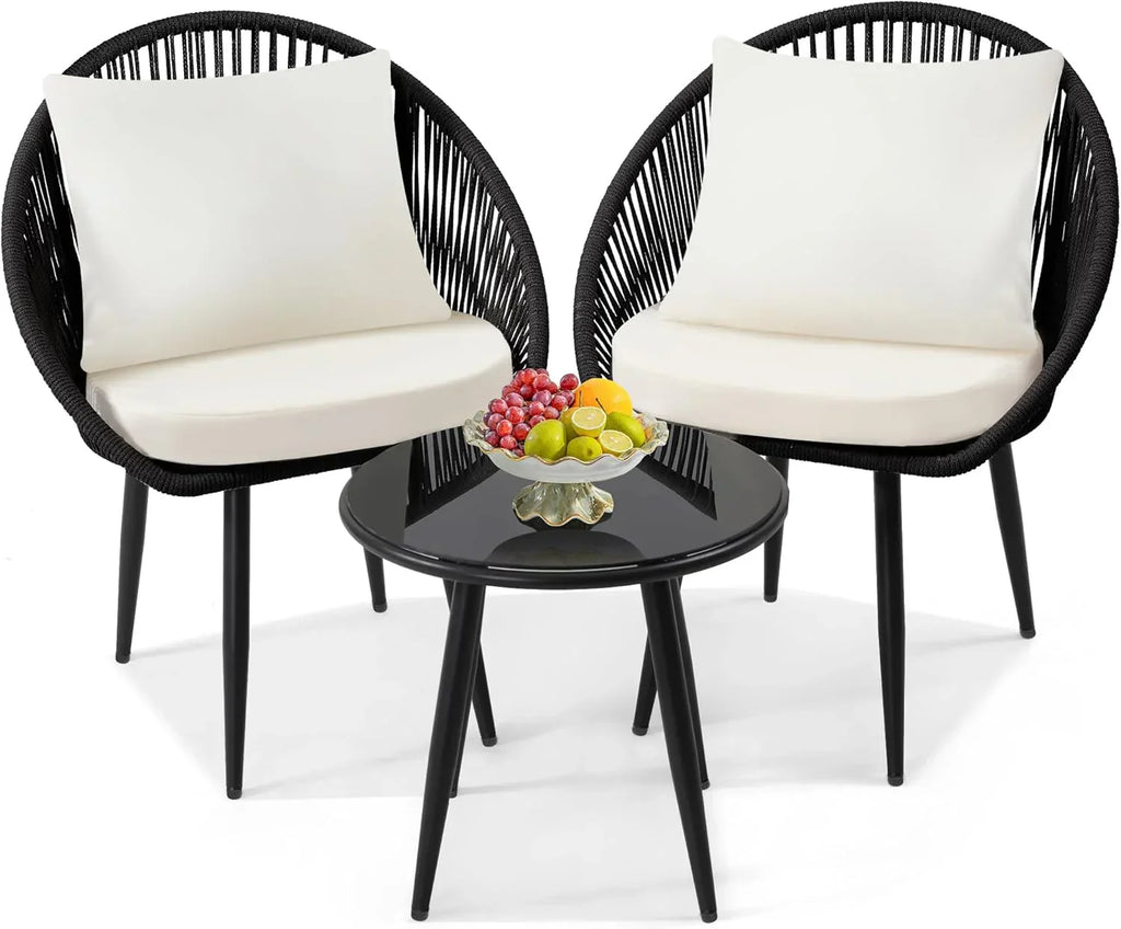 3 Piece Bistro Set Woven Rope Chair with Cushions All Weather Patio Conversation Set Side Table