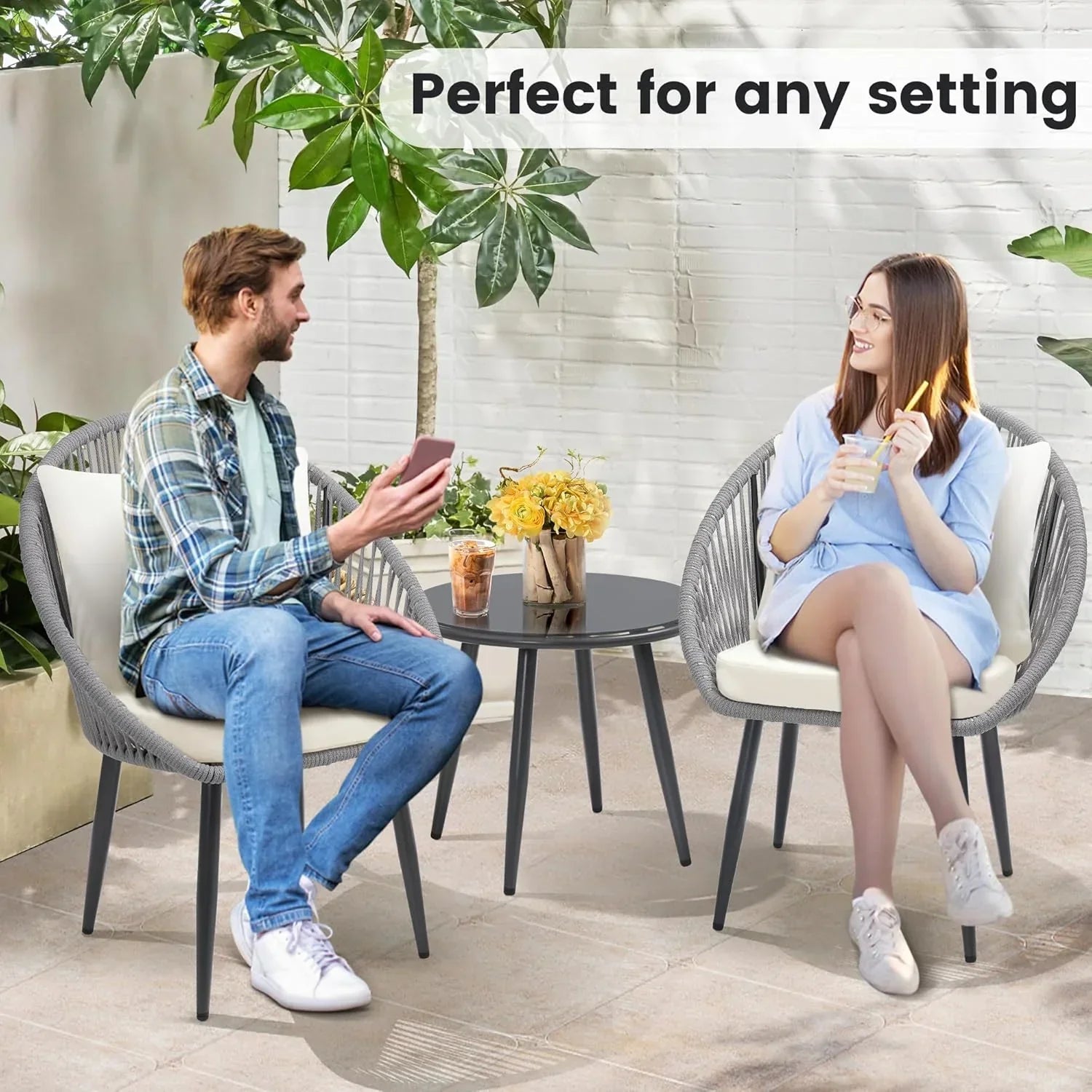 3 Piece Bistro Set Woven Rope Chair with Cushions All Weather Patio Conversation Set Side Table