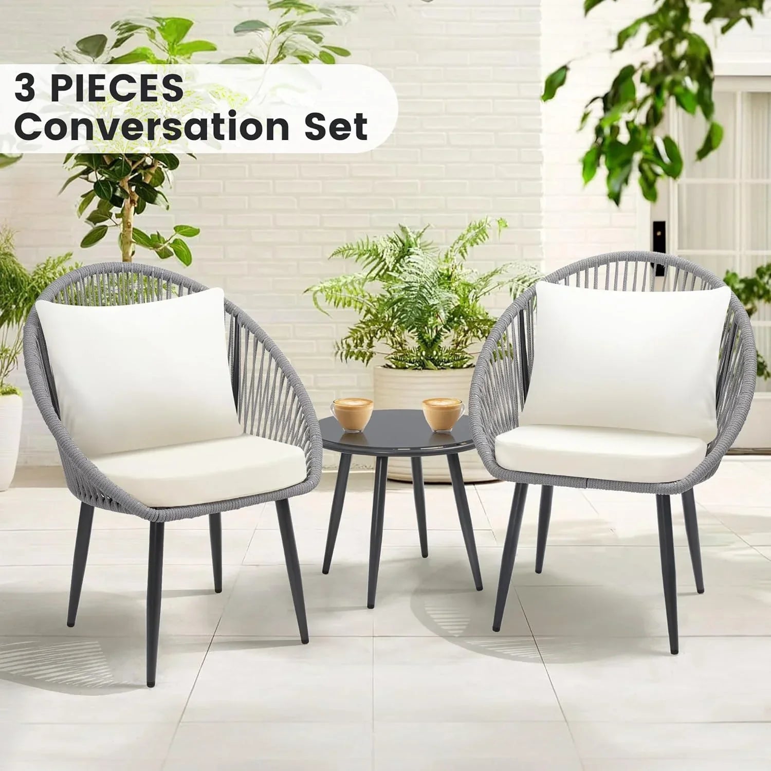 3 Piece Bistro Set Woven Rope Chair with Cushions All Weather Patio Conversation Set Side Table