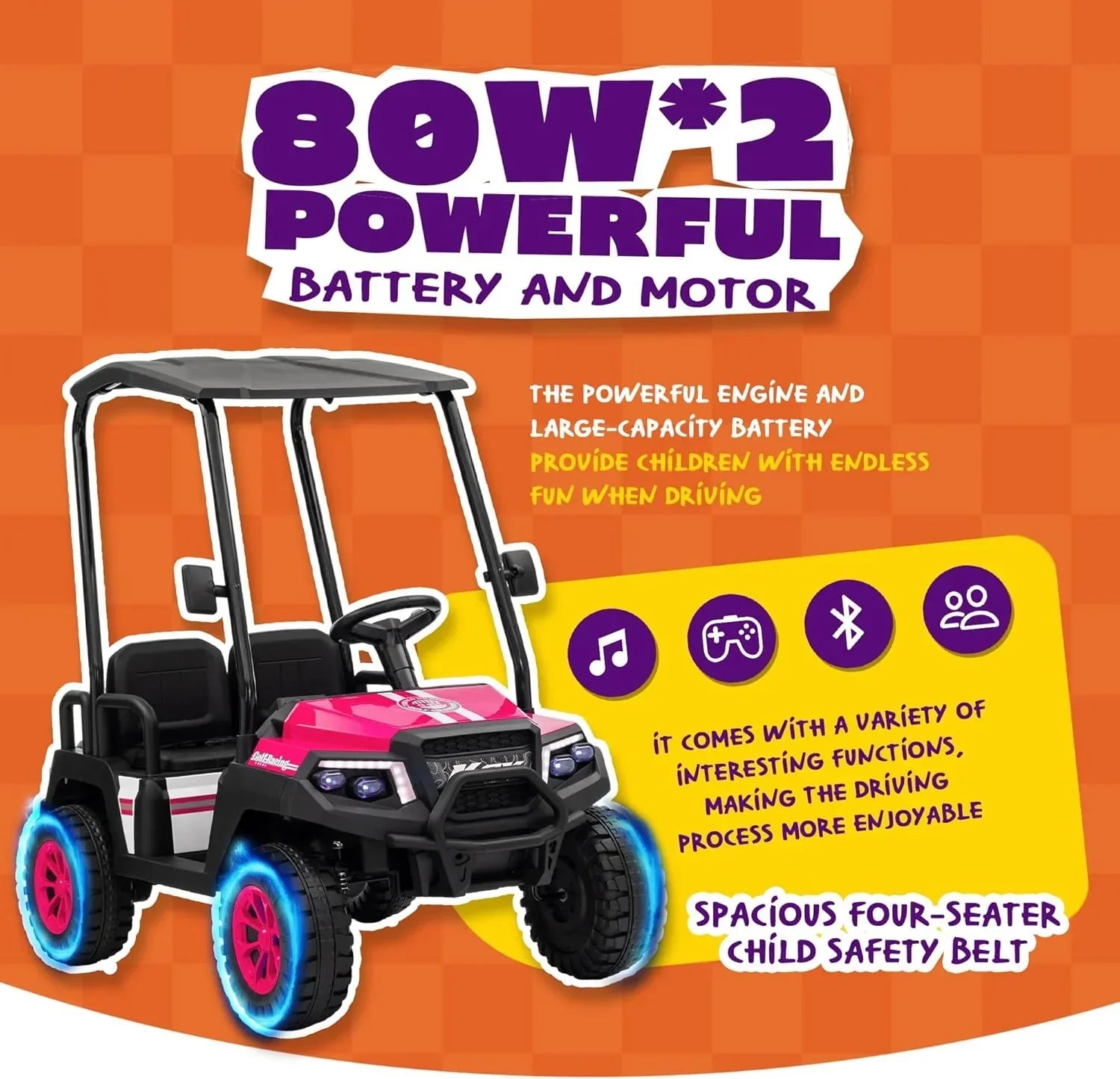 24V 7AH Childrens Golf Cart with Remote Control Removable Awning 4-Wheel Spring Suspension