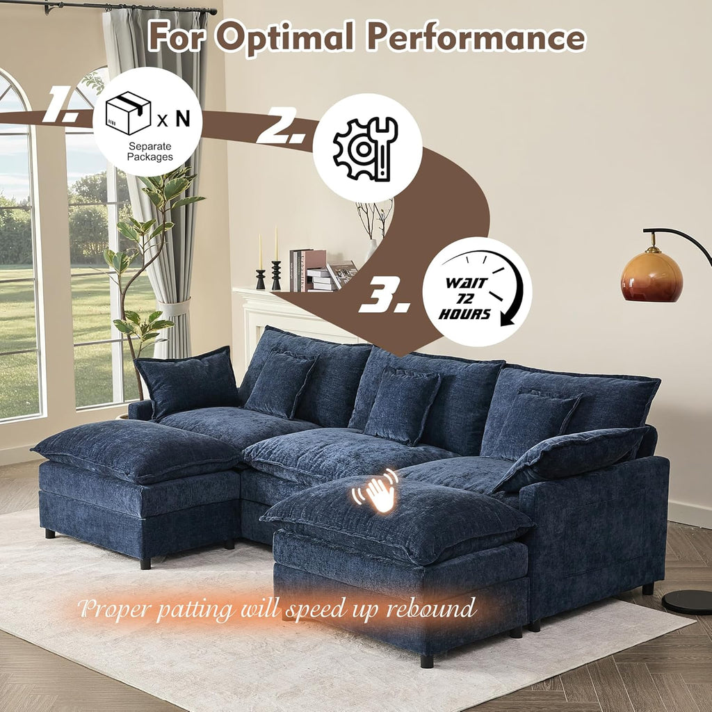 108" U Shaped Couch, Modular Sectional Sofa, 3-Seater Comfy Cloud Couch with Movable Ottoman, Deep Seat Couches for Living Room, Linen, Beige